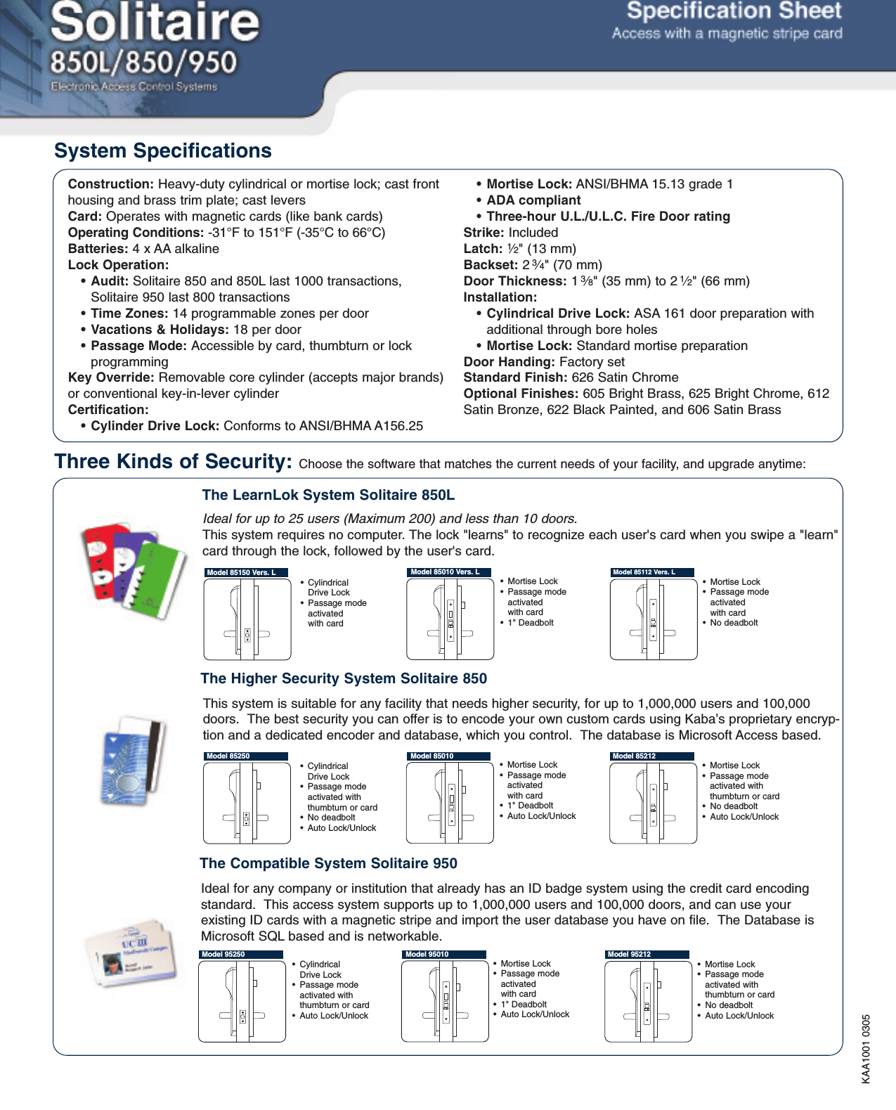 Page 2 of 2 - Kaba Solitaire 850L/850/950 Specifications - KAA1001 Solitaire-850l-850-950-specifications-kaa1001