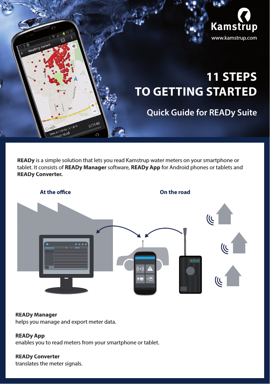 READy Manager helps you manage and export meter data.READy Appenables you to read meters from your smartphone or tablet.READy Converter translates the meter signals.At the o  ce On the roadREADy is a simple solution that lets you read Kamstrup water meters on your smartphone or tablet. It consists of READy Manager software, READy App for Android phones or tablets and READy Converter.11 STEPS TO GETTING STARTEDQuick Guide for READy Suitewww.kamstrup.com