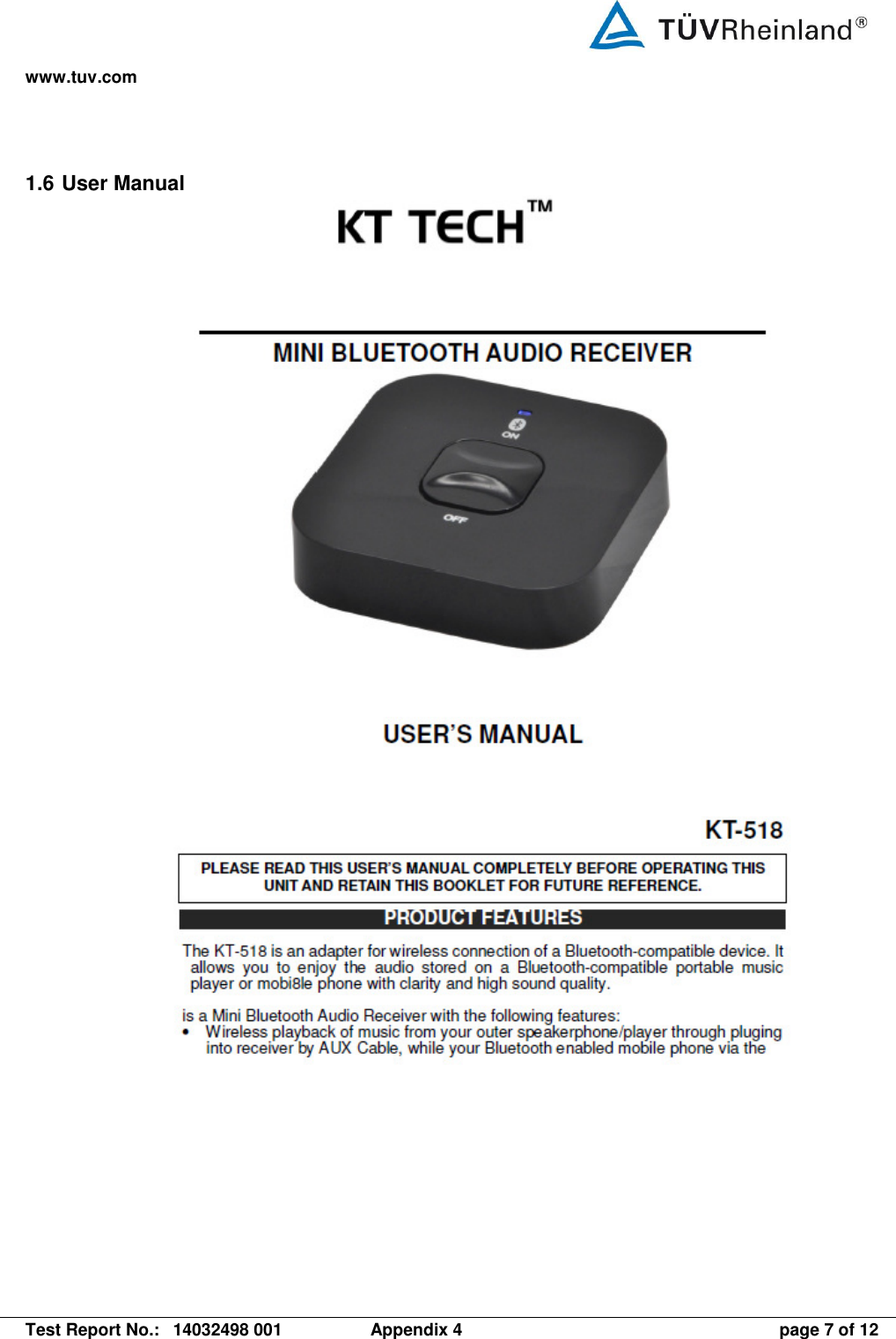 www.tuv.com   Test Report No.:  14032498 001  Appendix 4  page 7 of 12 1.6 User Manual  