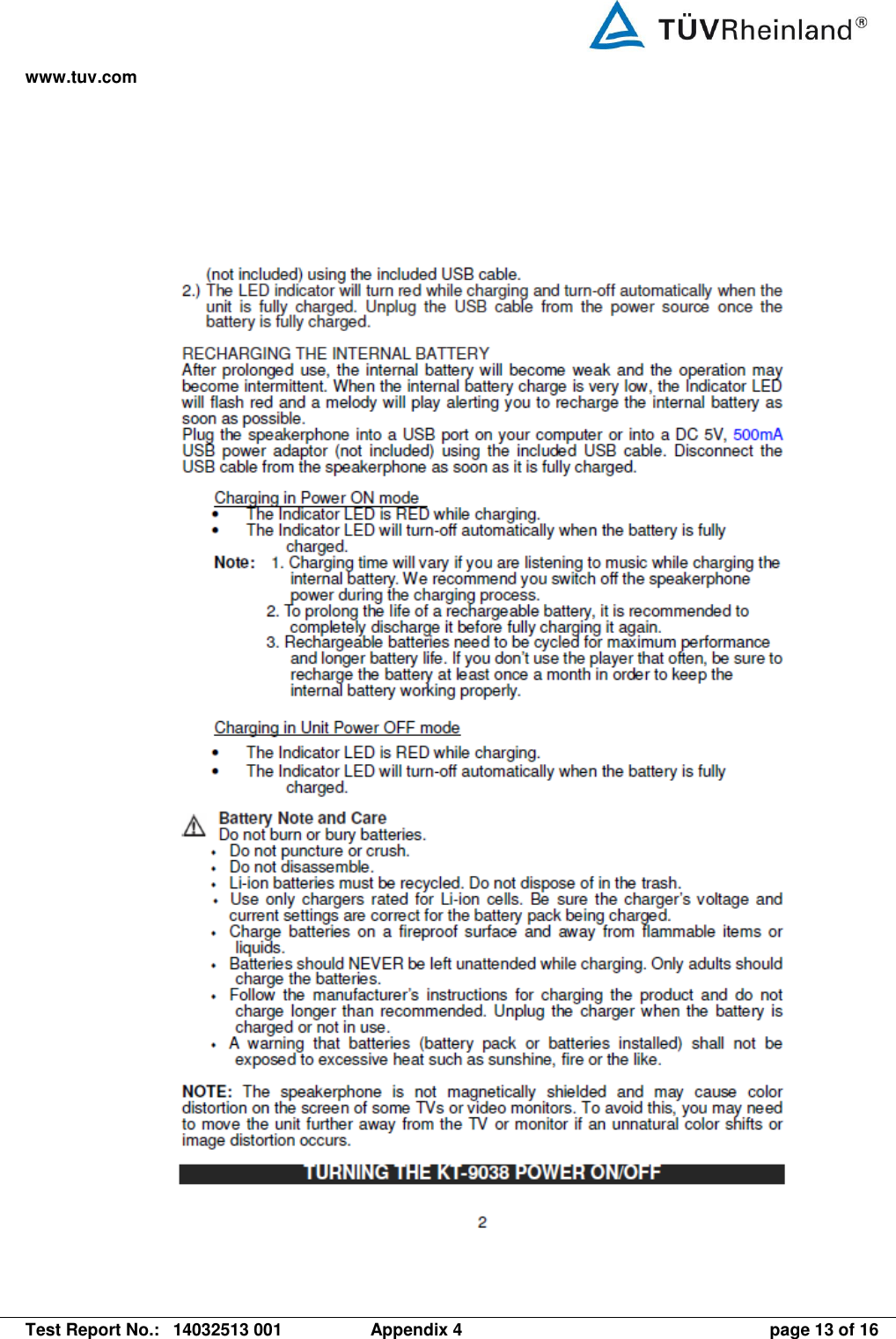 www.tuv.com   Test Report No.:  14032513 001  Appendix 4  page 13 of 16  