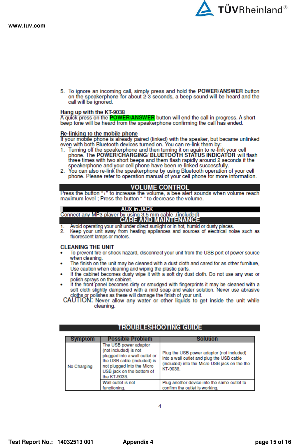 www.tuv.com   Test Report No.:  14032513 001  Appendix 4  page 15 of 16  