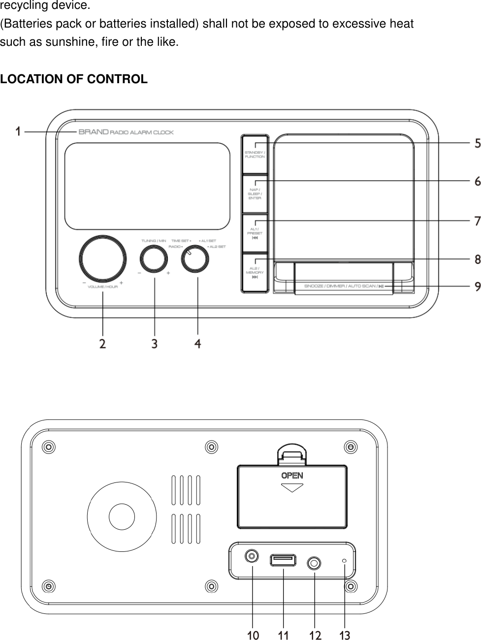 recycling device. (Batteries pack or batteries installed) shall not be exposed to excessive heat such as sunshine, fire or the like.  LOCATION OF CONTROL       