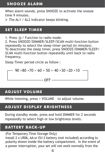 SET SLEEP TIMER1. Press     / Function to radio mode.2. Press SNOOZE/DIMMER/SLEEP/SCAN multi-function button repeatedly to select the sleep timer period (in minutes). To deactivate the sleep timer, press SNOOZE/DIMMER/SLEEP/SCAN multi-function button repeatedly until back to radio frequency.Sleep Timer period circle as follow : ADJUST VOLUMESNOOZE ALARMWhen alarm sounds, press SNOOZE to activate the snooze time 9 minutes.   The AL1 / AL2 indicator keeps blinking.While listening, press + VOLUME &ndash; to adjust volume.ADJUST DISPLAY BRIGHTNESSDuring standby mode, press and hold DIMMER for 2 seconds repeatedly to select high or low brightness levels.BATTERY BACK-UP(For Temporary Time Storage Only)Install 2 x LR06, AA or EU-3 battery (not included) according to polarity shown inside the battery compartment.  In the event of a power interruption, your set will not work normally from the 90 >80 >70 > 60 > 50 > 40 >30 >20 >10OFF6