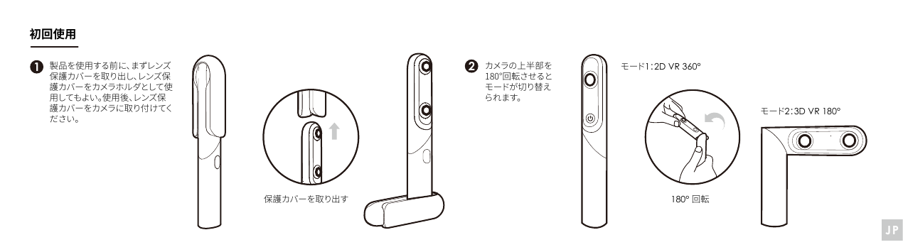 製品を使 用する前に、まずレンズ保護カバーを取り出し、レンズ保護カバーをカメラホルダとして使用してもよい。使用後、レンズ保護カバーをカメラに取り付けてください。初回使用モード1：2D VR 360&deg;モード2：3D VR 180&deg;180&deg; 回転カメラの上半部を180&deg;回転させるとモードが切り替えられます。保護カバーを取り出す21JP