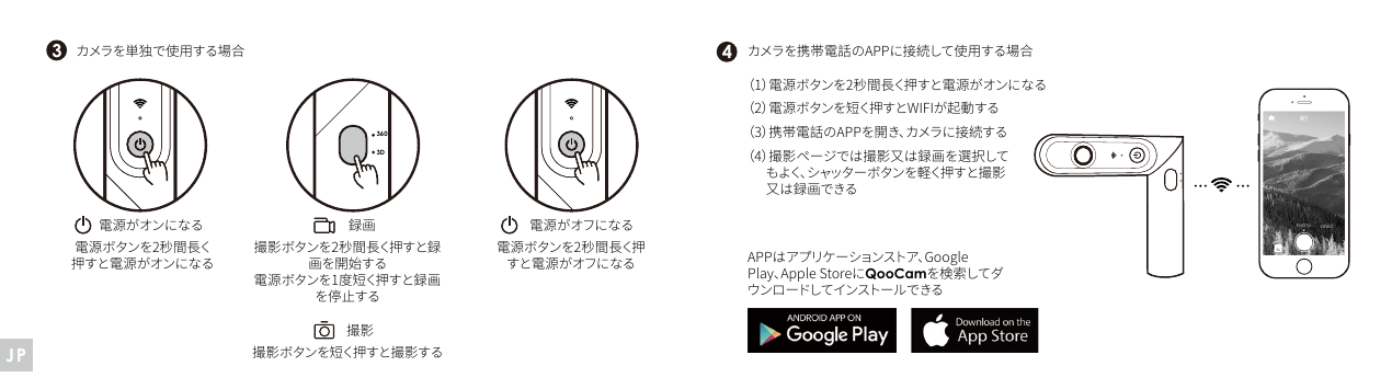 撮影ボタンを短く押すと撮影するカメラを単独で使用する場合 カメラを携帯電話のAPPに接続して使用する場合（1）電源ボタンを2秒間長く押すと電源がオンになる（2）電源ボタンを短く押すとWIFIが起動する（3）携帯電話のAPPを開き、カメラに接続する（4）撮影ページでは撮影又は録画を選択して      もよく、シャッターボタンを軽く押すと撮影      又は録画できるVIDEO電源ボタンを2秒間長く押すと電源 がオンになる APPはアプリケーションストア、Google Play、Apple StoreにQooCamを検 索してダウンロードしてインストールできる電源 がオンになる 電 源 がオフになる録画撮影電源ボタンを2秒間長く押すと電 源 がオフになる3603D撮影ボタンを2秒間長く押すと録画を開始する電源ボタンを1度短く押すと録画を停止するPHOTO VIDEO34JP