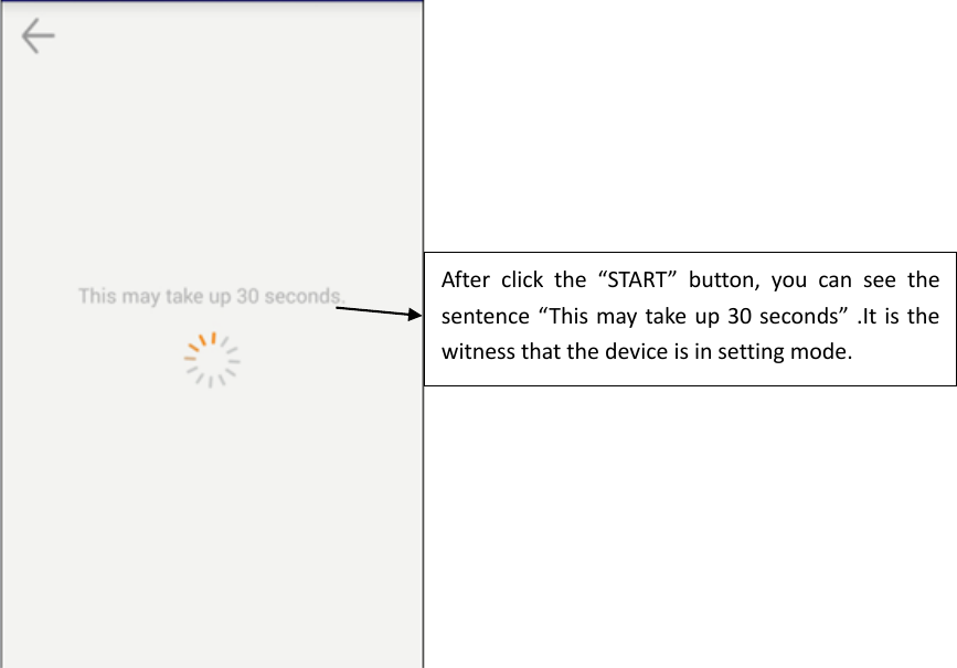       After  click  the  “START”  button,  you  can  see  the sentence  “This may take up 30 seconds” .It is the witness that the device is in setting mode.   