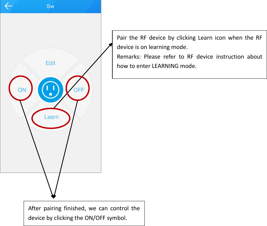    Pair  the  RF  device  by  clicking  Learn  icon  when  the  RF device is on learning mode.   Remarks:  Please  refer  to  RF  device  instruction  about how to enter LEARNING mode.  After  pairing  finished,  we  can  control  the device by clicking the ON/OFF symbol.    