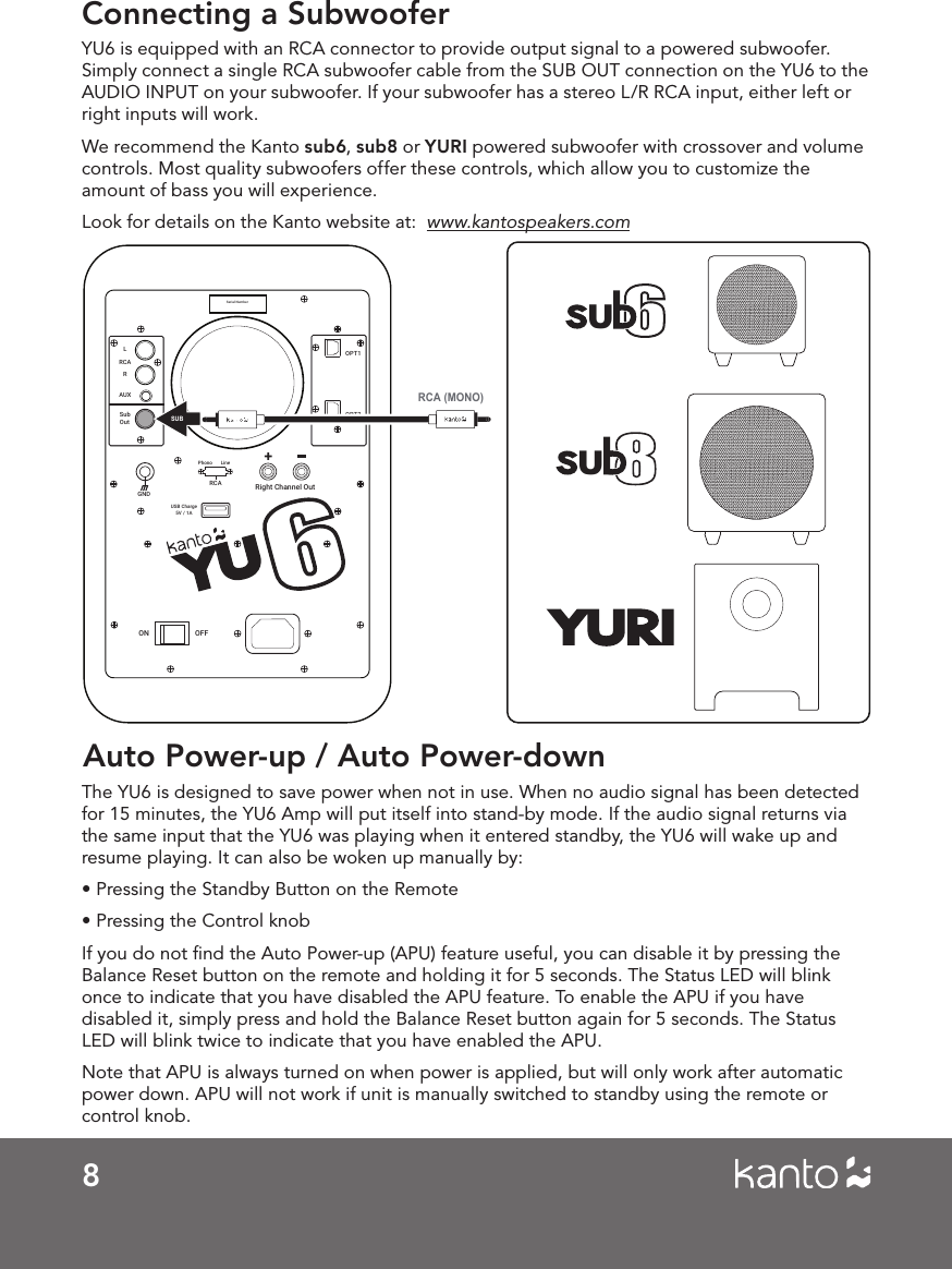 8Connecting a SubwooferYU6 is equipped with an RCA connector to provide output signal to a powered subwoofer. Simply connect a single RCA subwoofer cable from the SUB OUT connection on the YU6 to the AUDIO INPUT on your subwoofer. If your subwoofer has a stereo L/R RCA input, either left or right inputs will work.We recommend the Kanto sub6, sub8 or YURI powered subwoofer with crossover and volume controls. Most quality subwoofers offer these controls, which allow you to customize the amount of bass you will experience. Look for details on the Kanto website at:  www.kantospeakers.comRight Channel OutSub OutAUXOPT1OPT2RLRCASerial NumberON OFFUSB Charge5V / 1ARCAPhono LineGNDUUSUBRCA (MONO)Auto Power-up / Auto Power-downThe YU6 is designed to save power when not in use. When no audio signal has been detected for 15 minutes, the YU6 Amp will put itself into stand-by mode. If the audio signal returns via the same input that the YU6 was playing when it entered standby, the YU6 will wake up and resume playing. It can also be woken up manually by:• Pressing the Standby Button on the Remote• Pressing the Control knobIf you do not ﬁnd the Auto Power-up (APU) feature useful, you can disable it by pressing the Balance Reset button on the remote and holding it for 5 seconds. The Status LED will blink once to indicate that you have disabled the APU feature. To enable the APU if you have disabled it, simply press and hold the Balance Reset button again for 5 seconds. The Status LED will blink twice to indicate that you have enabled the APU.Note that APU is always turned on when power is applied, but will only work after automatic power down. APU will not work if unit is manually switched to standby using the remote or control knob. 