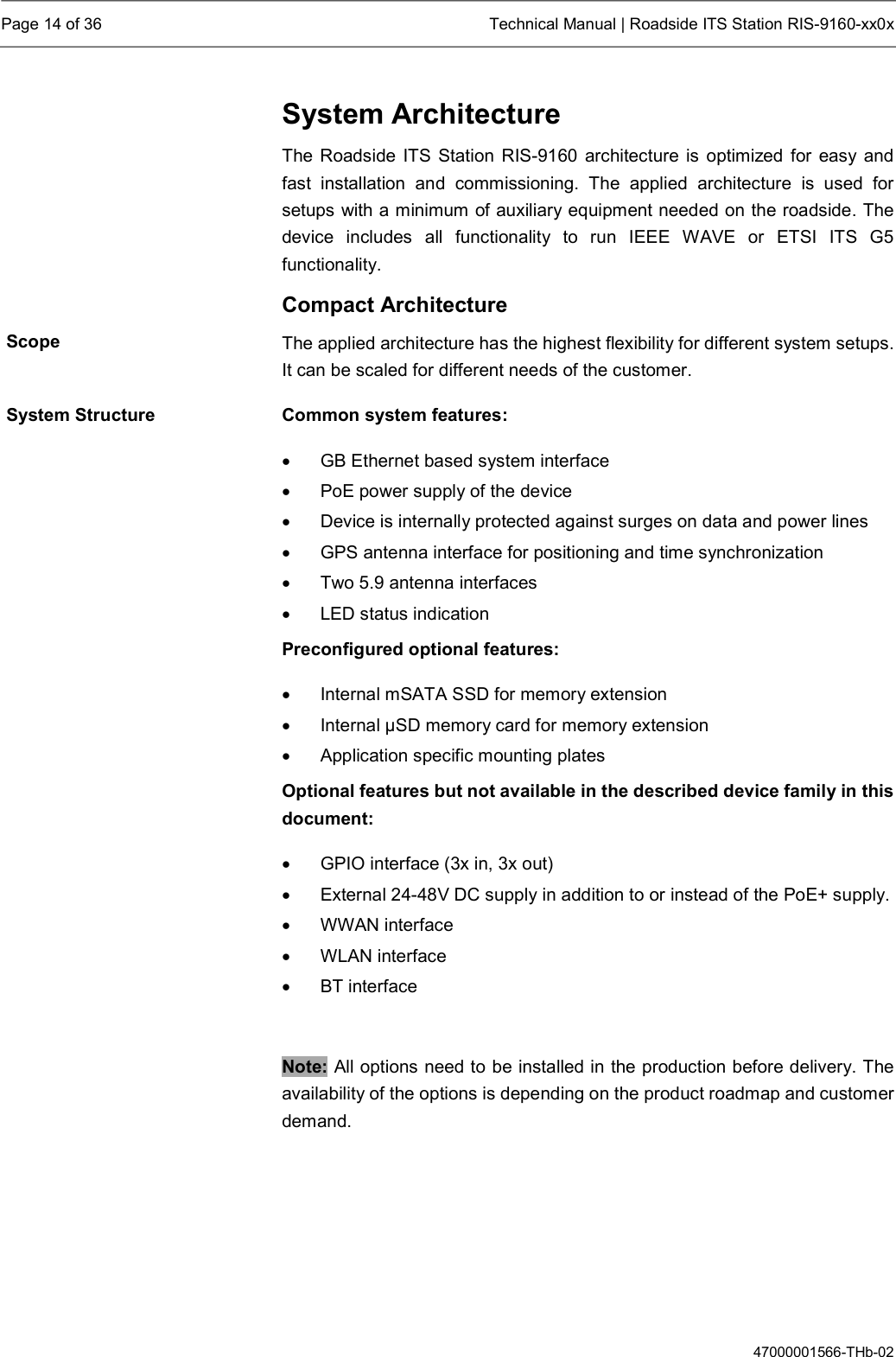  Page 14 of 36  Technical Manual | Roadside ITS Station RIS-9160-xx0x  47000001566-THb-02 System Architecture The Roadside ITS Station RIS-9160 architecture is optimized for easy and fast  installation  and  commissioning.  The  applied  architecture  is  used  for setups with a minimum of auxiliary equipment needed on the roadside. The device  includes  all  functionality  to  run  IEEE  WAVE  or  ETSI  ITS  G5 functionality. Compact Architecture The applied architecture has the highest flexibility for different system setups. It can be scaled for different needs of the customer. Common system features:   GB Ethernet based system interface   PoE power supply of the device   Device is internally protected against surges on data and power lines   GPS antenna interface for positioning and time synchronization   Two 5.9 antenna interfaces   LED status indication Preconfigured optional features:   Internal mSATA SSD for memory extension   Internal µSD memory card for memory extension   Application specific mounting plates Optional features but not available in the described device family in this document:   GPIO interface (3x in, 3x out)   External 24-48V DC supply in addition to or instead of the PoE+ supply.    WWAN interface   WLAN interface   BT interface  Note: All options need to be installed in the production before delivery. The availability of the options is depending on the product roadmap and customer demand.     Scope System Structure 