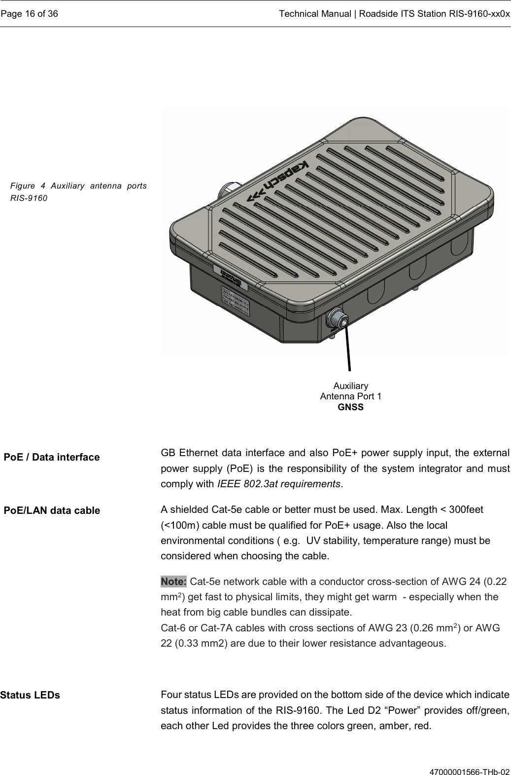  Page 16 of 36  Technical Manual | Roadside ITS Station RIS-9160-xx0x  47000001566-THb-02       GB Ethernet data interface and also PoE+ power supply input, the external power supply (PoE)  is  the  responsibility of the system integrator and must comply with IEEE 802.3at requirements. A shielded Cat-5e cable or better must be used. Max. Length &lt; 300feet (&lt;100m) cable must be qualified for PoE+ usage. Also the local environmental conditions ( e.g.  UV stability, temperature range) must be considered when choosing the cable. Note: Cat-5e network cable with a conductor cross-section of AWG 24 (0.22 mm2) get fast to physical limits, they might get warm  - especially when the heat from big cable bundles can dissipate.  Cat-6 or Cat-7A cables with cross sections of AWG 23 (0.26 mm2) or AWG 22 (0.33 mm2) are due to their lower resistance advantageous.    Four status LEDs are provided on the bottom side of the device which indicate status information of the RIS-9160. The Led D2 “Power” provides off/green, each other Led provides the three colors green, amber, red. Figure  4  Auxiliary  antenna  portsRIS-9160  PoE / Data interface PoE/LAN data cable Status LEDs Auxiliary  Antenna Port 1 GNSS 