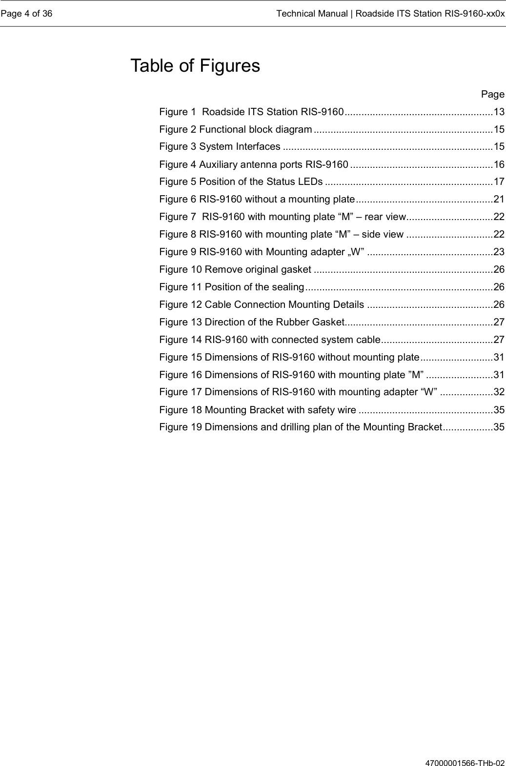  Page 4 of 36  Technical Manual | Roadside ITS Station RIS-9160-xx0x  47000001566-THb-02 Table of Figures   Page Figure 1  Roadside ITS Station RIS-9160 ..................................................... 13 Figure 2 Functional block diagram ................................................................ 15 Figure 3 System Interfaces ........................................................................... 15 Figure 4 Auxiliary antenna ports RIS-9160 ................................................... 16 Figure 5 Position of the Status LEDs ............................................................ 17 Figure 6 RIS-9160 without a mounting plate ................................................. 21 Figure 7  RIS-9160 with mounting plate “M” – rear view ............................... 22 Figure 8 RIS-9160 with mounting plate “M” – side view ............................... 22 Figure 9 RIS-9160 with Mounting adapter „W” ............................................. 23 Figure 10 Remove original gasket ................................................................ 26 Figure 11 Position of the sealing ................................................................... 26 Figure 12 Cable Connection Mounting Details ............................................. 26 Figure 13 Direction of the Rubber Gasket..................................................... 27 Figure 14 RIS-9160 with connected system cable ........................................ 27 Figure 15 Dimensions of RIS-9160 without mounting plate .......................... 31 Figure 16 Dimensions of RIS-9160 with mounting plate ”M” ........................ 31 Figure 17 Dimensions of RIS-9160 with mounting adapter “W” ................... 32 Figure 18 Mounting Bracket with safety wire ................................................ 35 Figure 19 Dimensions and drilling plan of the Mounting Bracket .................. 35     