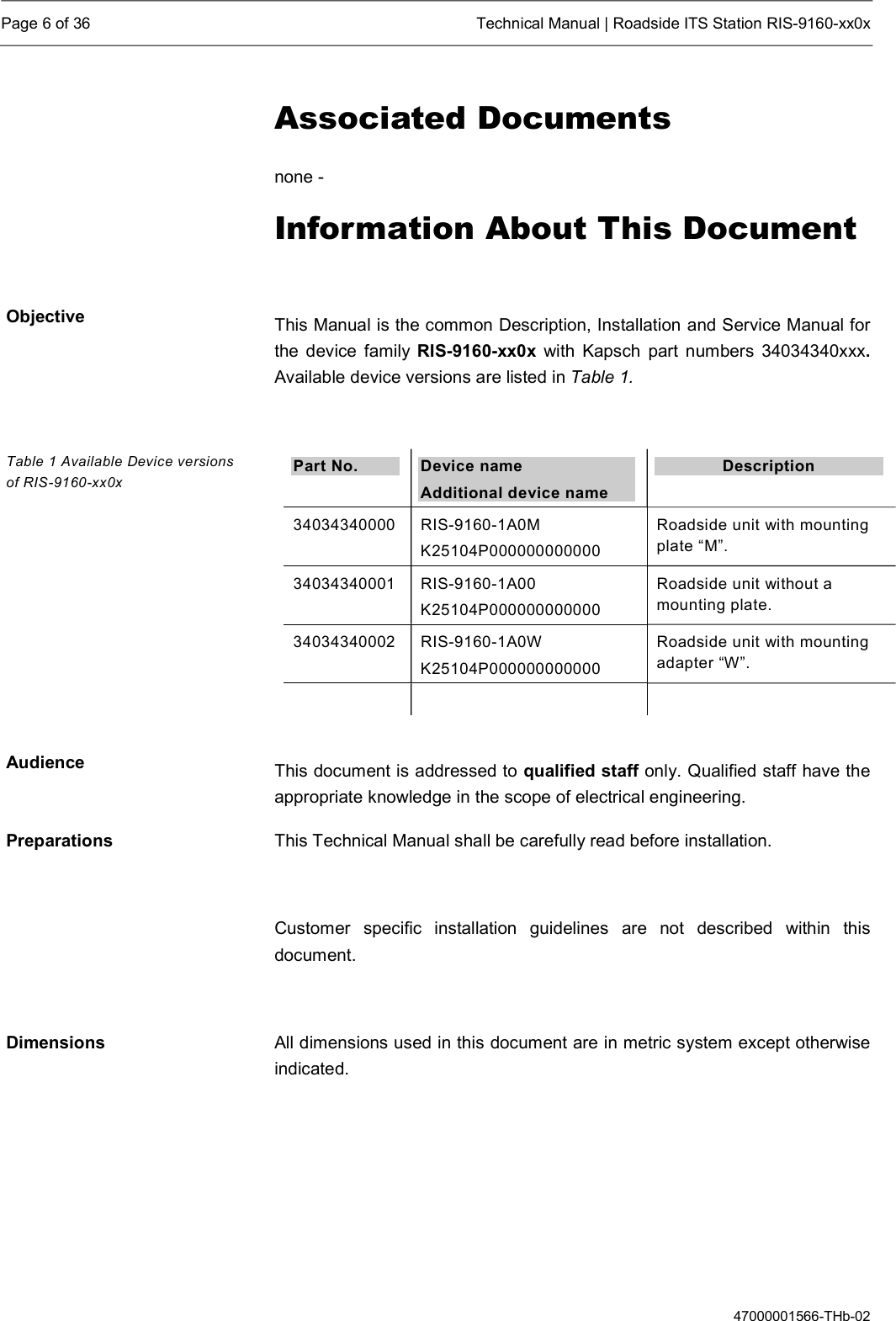  Page 6 of 36  Technical Manual | Roadside ITS Station RIS-9160-xx0x  47000001566-THb-02 Associated Documents none - Information About This Document  This Manual is the common Description, Installation and Service Manual for the device  family  RIS-9160-xx0x  with  Kapsch  part  numbers  34034340xxx. Available device versions are listed in Table 1.   Part No.  Device name Additional device name Description 34034340000  RIS-9160-1A0M K25104P000000000000 Roadside unit with mounting plate “M”.  34034340001  RIS-9160-1A00 K25104P000000000000 Roadside unit without a mounting plate. 34034340002  RIS-9160-1A0W K25104P000000000000 Roadside unit with mounting adapter “W”.       This document is addressed to qualified staff only. Qualified staff have the appropriate knowledge in the scope of electrical engineering.  This Technical Manual shall be carefully read before installation.  Customer  specific  installation  guidelines  are  not  described  within  this document.  All dimensions used in this document are in metric system except otherwise indicated.  Objective Table 1 Available Device versions of RIS-9160-xx0x Audience Preparations Dimensions 