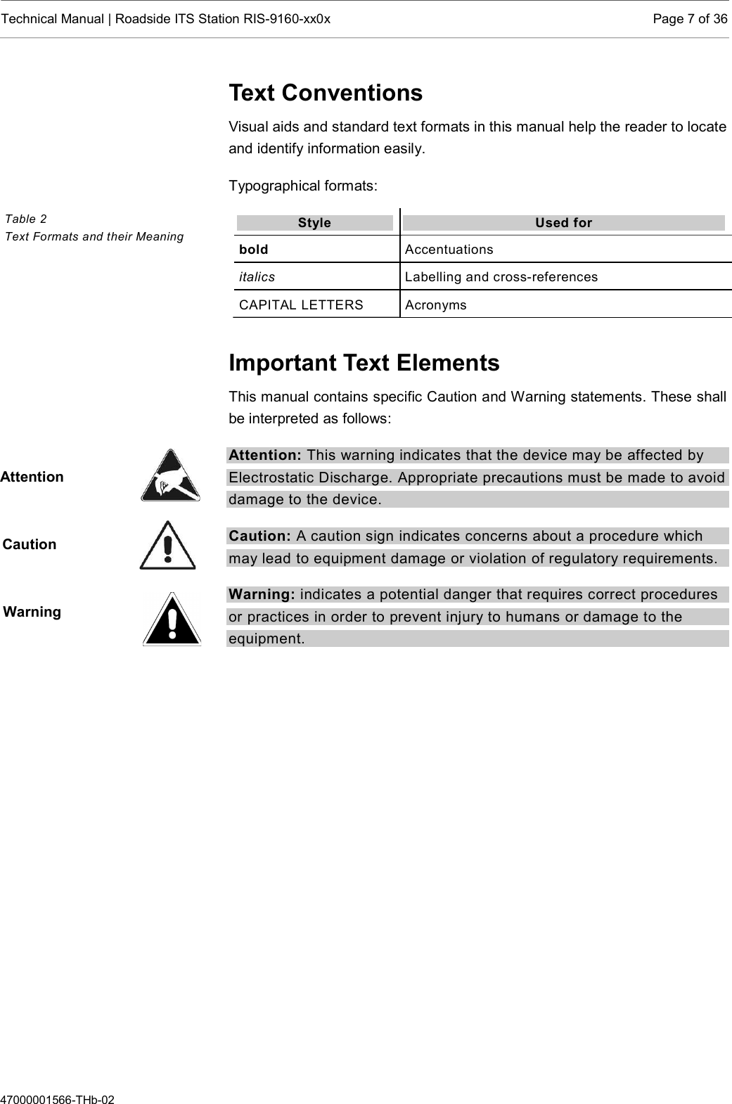  Technical Manual | Roadside ITS Station RIS-9160-xx0x  Page 7 of 36  47000001566-THb-02 Text Conventions Visual aids and standard text formats in this manual help the reader to locate and identify information easily.  Typographical formats: Style Used for  bold  Accentuations italics  Labelling and cross-references CAPITAL LETTERS  Acronyms  Important Text Elements This manual contains specific Caution and Warning statements. These shall be interpreted as follows: Attention: This warning indicates that the device may be affected by Electrostatic Discharge. Appropriate precautions must be made to avoid damage to the device.  Caution: A caution sign indicates concerns about a procedure which may lead to equipment damage or violation of regulatory requirements. Warning: indicates a potential danger that requires correct procedures or practices in order to prevent injury to humans or damage to the equipment.     Table 2  Text Formats and their Meaning Attention Caution Warning  