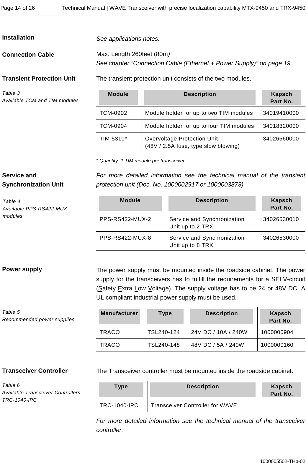  Page 14 of 26 Technical Manual | WAVE Transceiver with precise localization capability MTX-9450 and TRX-9450  1000005502-THb-02 See applications notes. Max. Length 260feet (80m) See chapter “Connection Cable (Ethernet + Power Supply)” on page 19. The transient protection unit consists of the two modules. Module  Description  Kapsch Part No. TCM-0902 Module holder for up to two TIM modules 34019410000 TCM-0904 Module holder for up to four TIM modules 34018320000 TIM-5310*  Overvoltage Protection Unit (48V / 2.5A fuse, type slow blowing) 34026560000 * Quantity: 1 TIM module per transceiver For more detailed information see the technical manual of the transient protection unit (Doc. No. 1000002917 or 1000003873). Module  Description  Kapsch Part No. PPS-RS422-MUX-2  Service and Synchronization Unit up to 2 TRX 34026530010 PPS-RS422-MUX-8  Service and Synchronization Unit up to 8 TRX 34026530000  The power supply must be mounted inside the roadside cabinet. The power supply for the transceivers has to fulfill the requirements for a SELV-circuit (Safety Extra Low Voltage). The supply voltage has to be 24 or 48V DC. A UL compliant industrial power supply must be used. Manufacturer  Type  Description  Kapsch Part No. TRACO TSL240-124 24V DC / 10A / 240W 1000000904 TRACO TSL240-148 48V DC / 5A / 240W 1000000160  The Transceiver controller must be mounted inside the roadside cabinet.  Type  Description  Kapsch Part No. TRC-1040-IPC Transceiver Controller for WAVE   For more detailed information see the technical manual of the transceiver controller. Installation  Connection Cable Transient Protection Unit Table 3  Available TCM and TIM modules Service and Synchronization Unit Table 4  Available PPS-RS422-MUX  modules Power supply Table 5  Recommended power supplies Transceiver Controller Table 6  Available Transceiver Controllers TRC-1040-IPC 