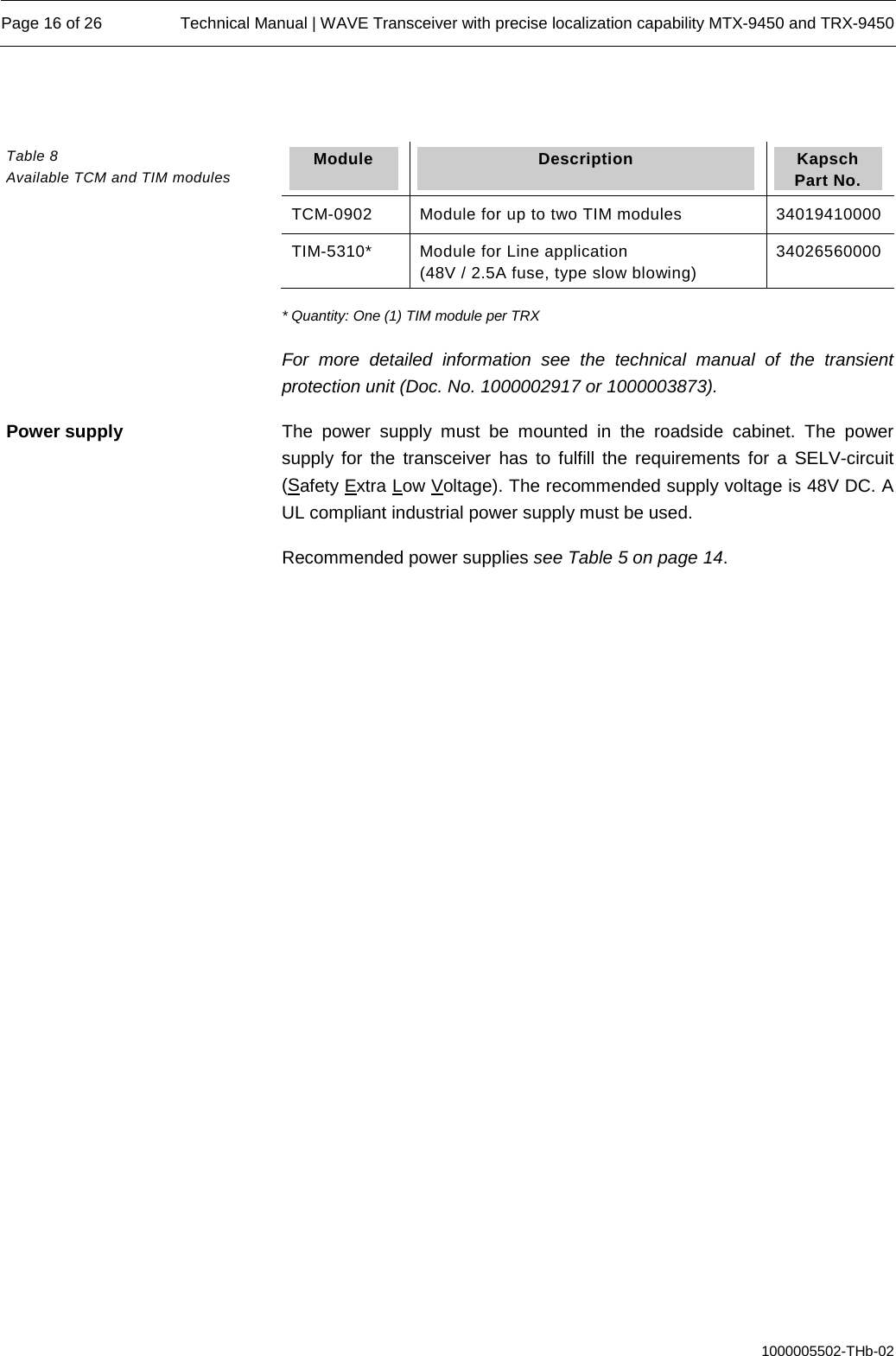  Page 16 of 26 Technical Manual | WAVE Transceiver with precise localization capability MTX-9450 and TRX-9450  1000005502-THb-02  Module  Description  Kapsch Part No. TCM-0902 Module for up to two TIM modules 34019410000 TIM-5310*  Module for Line application (48V / 2.5A fuse, type slow blowing) 34026560000 * Quantity: One (1) TIM module per TRX For more detailed information see the technical manual of the transient protection unit (Doc. No. 1000002917 or 1000003873). The power supply must be mounted in the roadside cabinet. The power supply for the transceiver has to fulfill the requirements for a SELV-circuit (Safety Extra Low Voltage). The recommended supply voltage is 48V DC. A UL compliant industrial power supply must be used. Recommended power supplies see Table 5 on page 14.  Table 8  Available TCM and TIM modules Power supply 