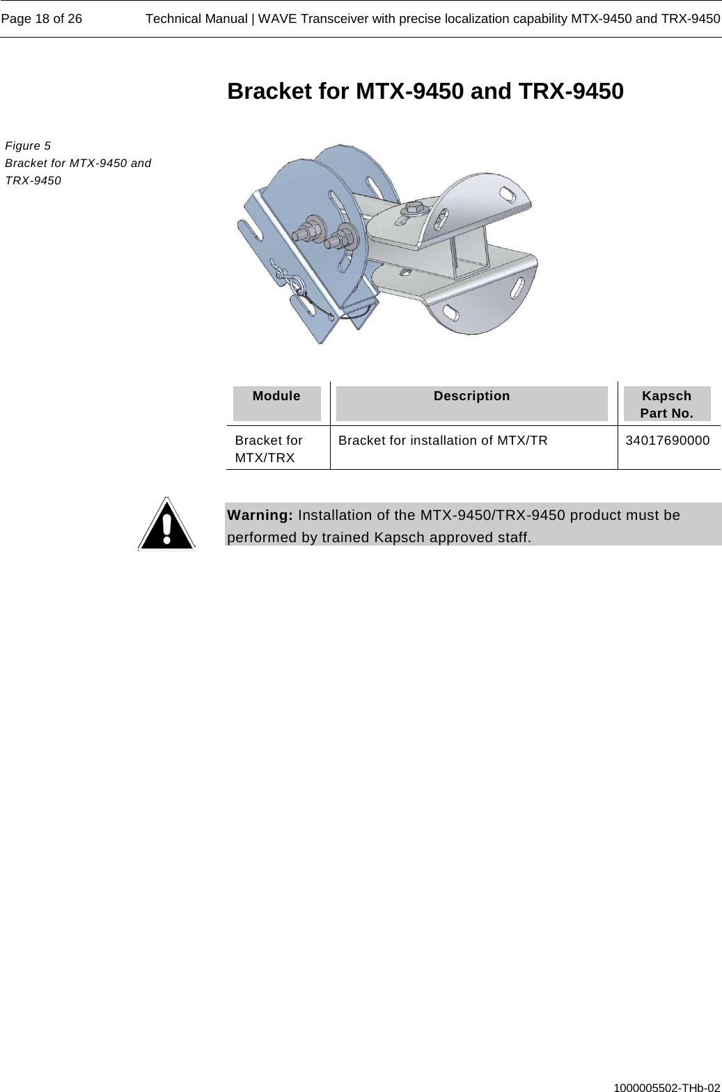  Page 18 of 26 Technical Manual | WAVE Transceiver with precise localization capability MTX-9450 and TRX-9450  1000005502-THb-02 Bracket for MTX-9450 and TRX-9450    Module  Description  Kapsch Part No. Bracket for MTX/TRX Bracket for installation of MTX/TR 34017690000  Warning: Installation of the MTX-9450/TRX-9450 product must be performed by trained Kapsch approved staff. Figure 5  Bracket for MTX-9450 and TRX-9450 