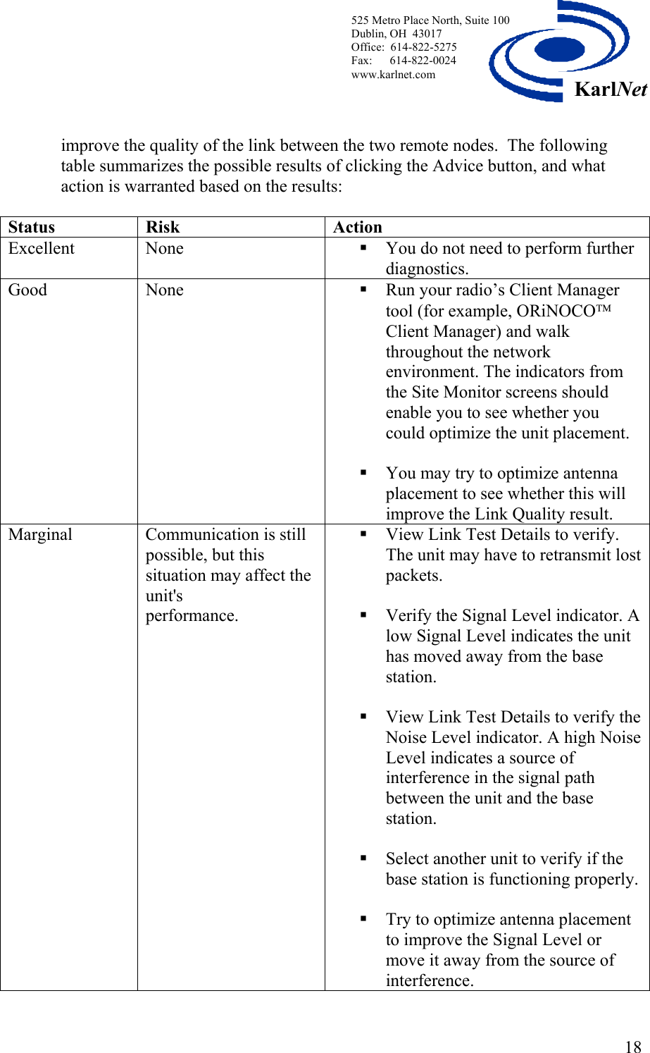  525 Metro Place North, Suite 100 Dublin, OH  43017 KarlNetOffice:  614-822-5275  Fax:      614-822-0024 www.karlnet.com    improve the quality of the link between the two remote nodes.  The following table summarizes the possible results of clicking the Advice button, and what action is warranted based on the results:  Status Risk  Action Excellent None   You do not need to perform further diagnostics. Good None   Run your radio’s Client Manager tool (for example, ORiNOCO Client Manager) and walk throughout the network environment. The indicators from the Site Monitor screens should enable you to see whether you could optimize the unit placement.    You may try to optimize antenna placement to see whether this will improve the Link Quality result. Marginal Communication is still possible, but this situation may affect the unit&apos;s performance.    View Link Test Details to verify.  The unit may have to retransmit lost packets.   Verify the Signal Level indicator. A low Signal Level indicates the unit has moved away from the base station.   View Link Test Details to verify the Noise Level indicator. A high Noise Level indicates a source of interference in the signal path between the unit and the base station.   Select another unit to verify if the base station is functioning properly.   Try to optimize antenna placement to improve the Signal Level or move it away from the source of interference.  18