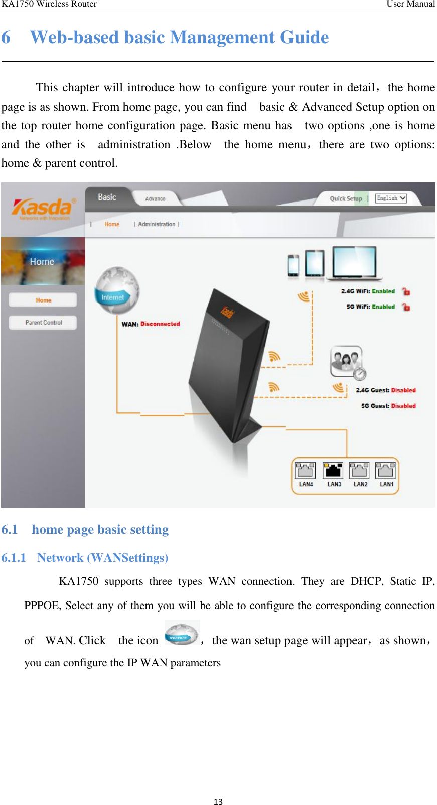 KA1750 Wireless Router       User Manual 13 6    Web-based basic Management Guide   This chapter will introduce how to configure your router in detail，the home page is as shown. From home page, you can find    basic &amp; Advanced Setup option on the top router home configuration page. Basic menu has    two options ,one is home and  the  other  is    administration  .Below    the  home  menu，there  are  two  options: home &amp; parent control.    6.1  home page basic setting 6.1.1  Network (WANSettings) KA1750  supports  three  types  WAN  connection.  They  are  DHCP,  Static  IP, PPPOE, Select any of them you will be able to configure the corresponding connection of    WAN. Click    the icon  ，the wan setup page will appear，as shown，you can configure the IP WAN parameters  