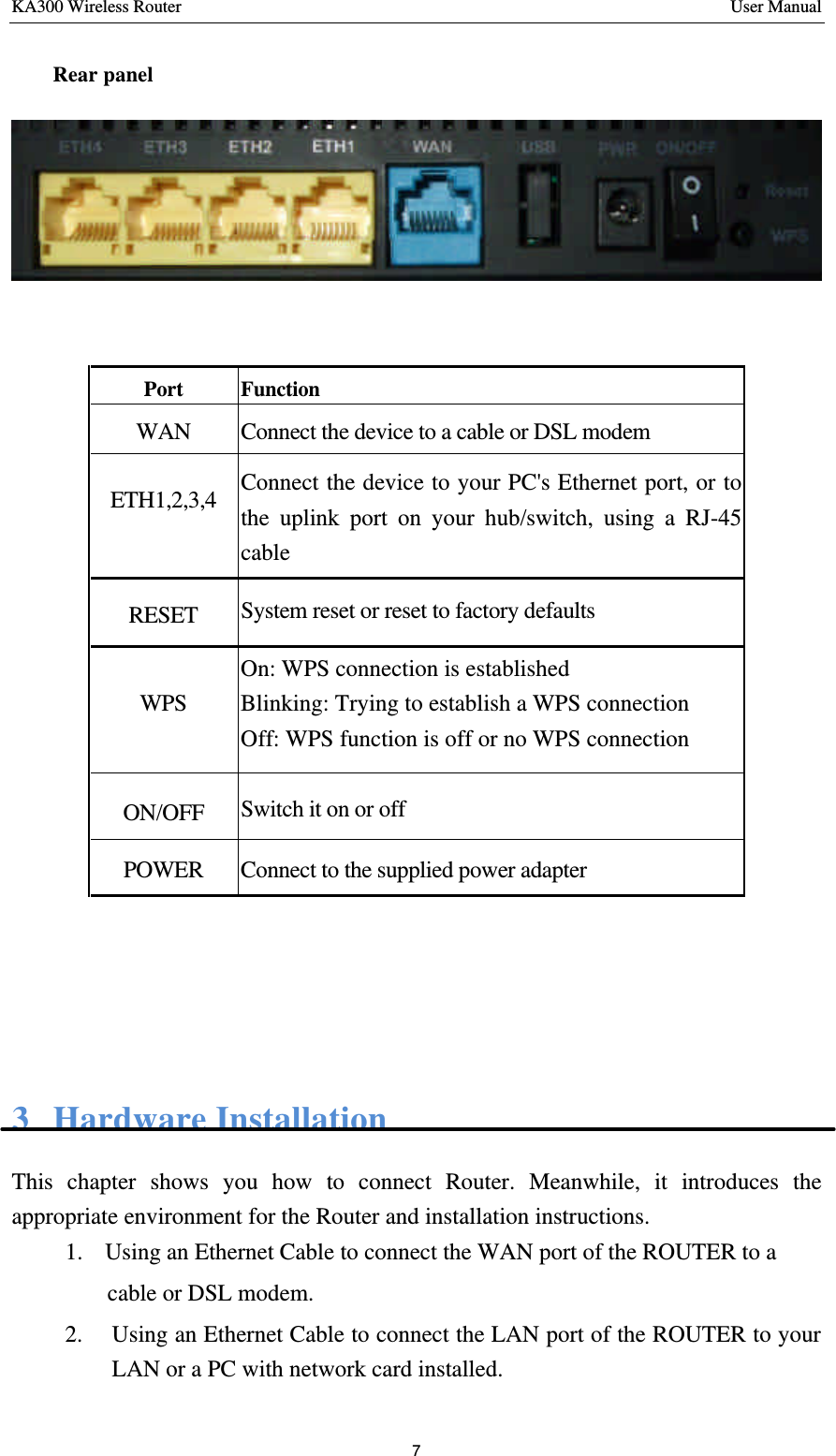 KA300 Wireless Router       User Manual 7  Rear panel                3 Hardware Installation This chapter shows you how to connect Router. Meanwhile, it introduces the appropriate environment for the Router and installation instructions.   1.  Using an Ethernet Cable to connect the WAN port of the ROUTER to a   cable or DSL modem.   2.  Using an Ethernet Cable to connect the LAN port of the ROUTER to your LAN or a PC with network card installed. Port Function WAN Connect the device to a cable or DSL modem ETH1,2,3,4  Connect the device to your PC&apos;s Ethernet port, or to the uplink port on your hub/switch, using a RJ-45 cable RESET System reset or reset to factory defaults      WPS On: WPS connection is established Blinking: Trying to establish a WPS connection Off: WPS function is off or no WPS connection ON/OFF Switch it on or off POWER Connect to the supplied power adapter   