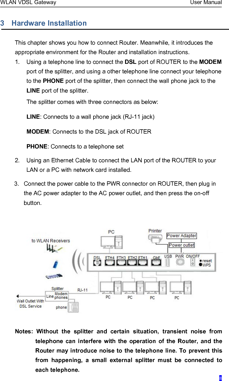 WLAN VDSL Gateway User Manual83 Hardware InstallationThis chapter shows you how to connect Router. Meanwhile, it introduces theappropriate environment for the Router and installation instructions.1. Using a telephone line to connect the DSL port of ROUTER to the MODEMport of the splitter, and using a other telephone line connect your telephoneto the PHONE port of the splitter, then connect the wall phone jack to theLINE port of the splitter.The splitter comes with three connectors as below:LINE: Connects to a wall phone jack (RJ-11 jack)MODEM: Connects to the DSL jack of ROUTERPHONE: Connects to a telephone set2. Using an Ethernet Cable to connect the LAN port of the ROUTER to yourLAN or a PC with network card installed.3. Connect the power cable to the PWR connector on ROUTER, then plug inthe AC power adapter to the AC power outlet, and then press the on-offbutton.Notes: Without the splitter and certain situation, transient noise fromtelephone can interfere with the operation of the Router, and theRouter may introduce noise to the telephone line. To prevent thisfrom happening, a small external splitter must be connected toeach telephone.