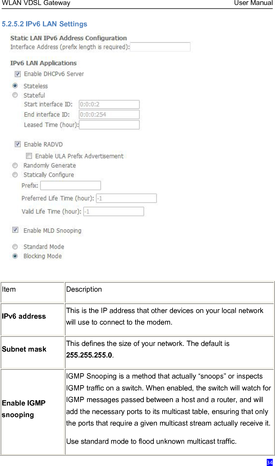 WLAN VDSL Gateway User Manual345.2.5.2 IPv6 LAN SettingsItemDescriptionIPv6 addressThis is the IP address that other devices on your local networkwill use to connect to the modem.Subnet maskThis defines the size of your network. The default is255.255.255.0.Enable IGMPsnoopingIGMP Snooping is a method that actually “snoops” or inspectsIGMP traffic on a switch. When enabled, the switch will watch forIGMP messages passed between a host and a router, and willadd the necessary ports to its multicast table, ensuring that onlythe ports that require a given multicast stream actually receive it.Use standard mode to flood unknown multicast traffic.