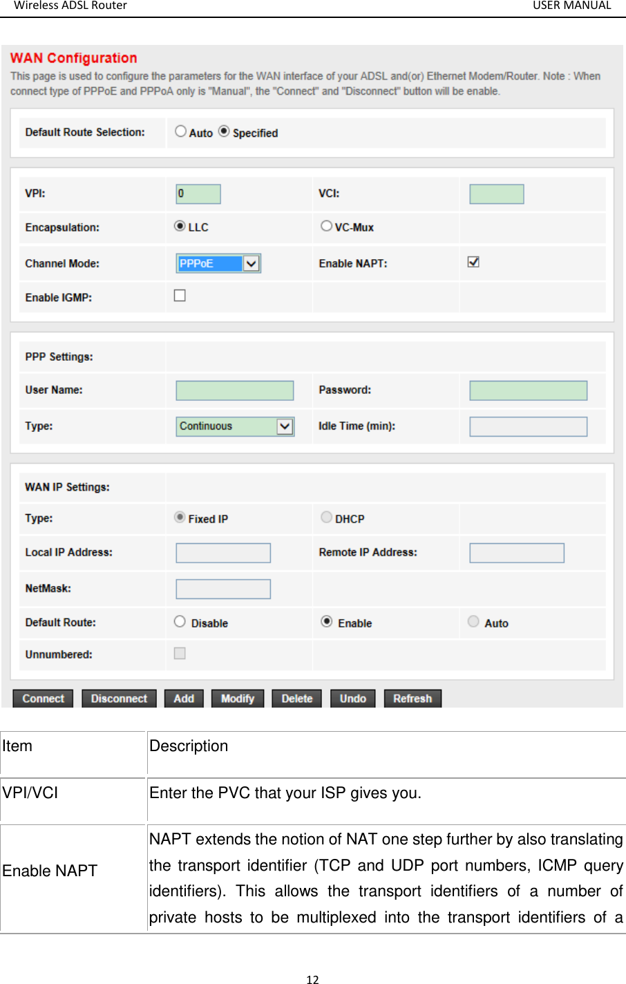 Wireless ADSL Router       USER MANUAL 12  Item Description VPI/VCI Enter the PVC that your ISP gives you. Enable NAPT NAPT extends the notion of NAT one step further by also translating the transport identifier (TCP and  UDP port numbers, ICMP query identifiers).  This  allows  the  transport  identifiers  of  a  number  of private  hosts  to  be  multiplexed  into  the  transport  identifiers  of  a 