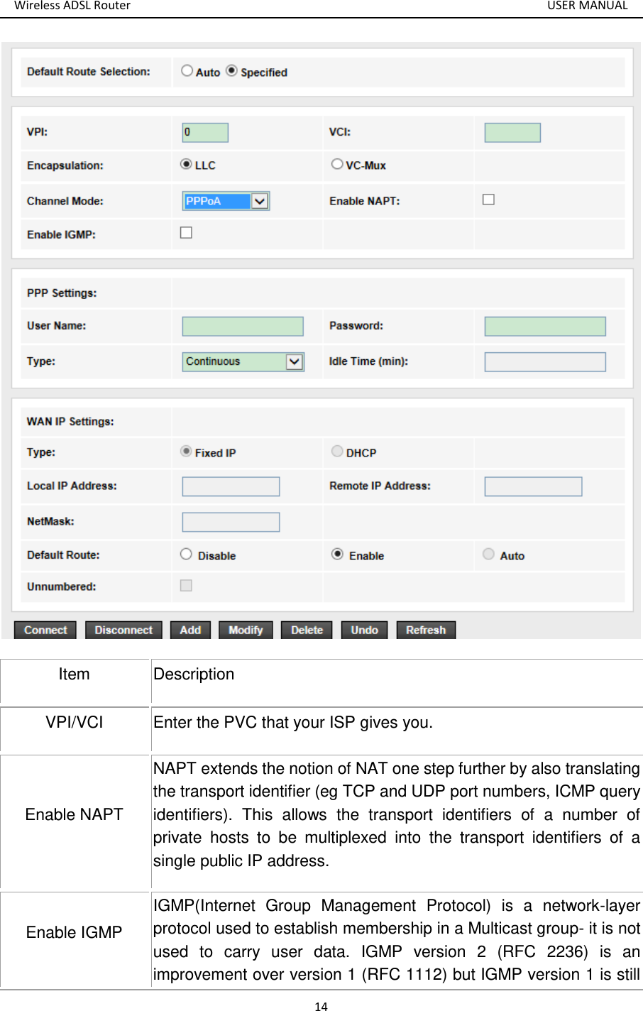 Wireless ADSL Router       USER MANUAL 14  Item Description VPI/VCI Enter the PVC that your ISP gives you. Enable NAPT NAPT extends the notion of NAT one step further by also translating the transport identifier (eg TCP and UDP port numbers, ICMP query identifiers).  This  allows  the  transport  identifiers  of  a  number  of private  hosts  to  be  multiplexed  into  the  transport  identifiers  of  a single public IP address.   Enable IGMP IGMP(Internet  Group  Management  Protocol)  is  a  network-layer protocol used to establish membership in a Multicast group- it is not used  to  carry  user  data.  IGMP  version  2  (RFC  2236)  is  an improvement over version 1 (RFC 1112) but IGMP version 1 is still 