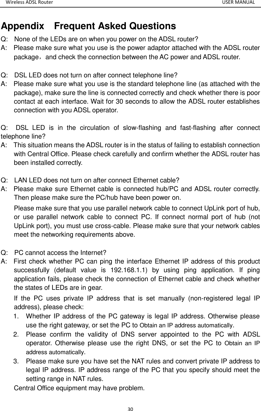 Wireless ADSL Router       USER MANUAL 30 Appendix    Frequent Asked Questions Q:    None of the LEDs are on when you power on the ADSL router? A:    Please make sure what you use is the power adaptor attached with the ADSL router package，and check the connection between the AC power and ADSL router.    Q:    DSL LED does not turn on after connect telephone line? A:    Please make sure what you use is the standard telephone line (as attached with the package), make sure the line is connected correctly and check whether there is poor contact at each interface. Wait for 30 seconds to allow the ADSL router establishes connection with you ADSL operator.    Q:    DSL  LED  is  in  the  circulation  of  slow-flashing  and  fast-flashing  after  connect telephone line? A:    This situation means the ADSL router is in the status of failing to establish connection with Central Office. Please check carefully and confirm whether the ADSL router has been installed correctly.  Q:    LAN LED does not turn on after connect Ethernet cable? A:    Please make sure Ethernet cable is connected hub/PC and ADSL router correctly. Then please make sure the PC/hub have been power on. Please make sure that you use parallel network cable to connect UpLink port of hub, or  use  parallel  network  cable  to  connect  PC.  If  connect  normal  port  of  hub  (not UpLink port), you must use cross-cable. Please make sure that your network cables meet the networking requirements above.  Q:    PC cannot access the Internet?   A:    First check whether PC can ping the interface Ethernet IP address of this product successfully  (default  value  is  192.168.1.1)  by  using  ping  application.  If  ping application fails, please check the connection of Ethernet cable and check whether the states of LEDs are in gear. If  the  PC  uses  private  IP  address  that  is  set  manually  (non-registered  legal  IP address), please check: 1.  Whether IP address of the PC gateway is legal IP address. Otherwise please use the right gateway, or set the PC to Obtain an IP address automatically. 2.  Please  confirm  the  validity  of  DNS  server  appointed  to  the  PC  with  ADSL operator.  Otherwise  please  use  the  right  DNS,  or  set  the  PC  to  Obtain  an  IP address automatically.   3.  Please make sure you have set the NAT rules and convert private IP address to legal IP address. IP address range of the PC that you specify should meet the setting range in NAT rules.   Central Office equipment may have problem.  