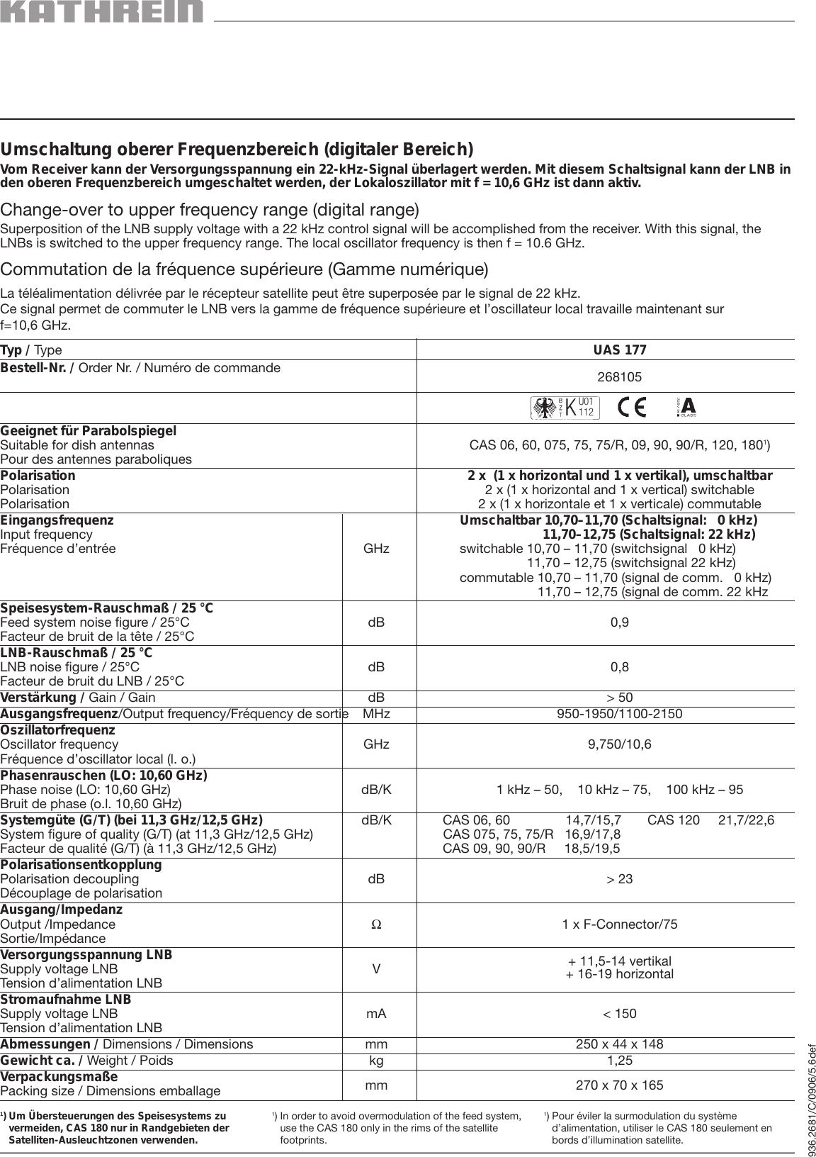 Page 5 of 6 - Kathrein Kathrein-Universal-Feed-Systems-Uas-177-Users-Manual- 9362681c, Universal-Speisesystem Mit 1 Ausgang UAS 177  Kathrein-universal-feed-systems-uas-177-users-manual