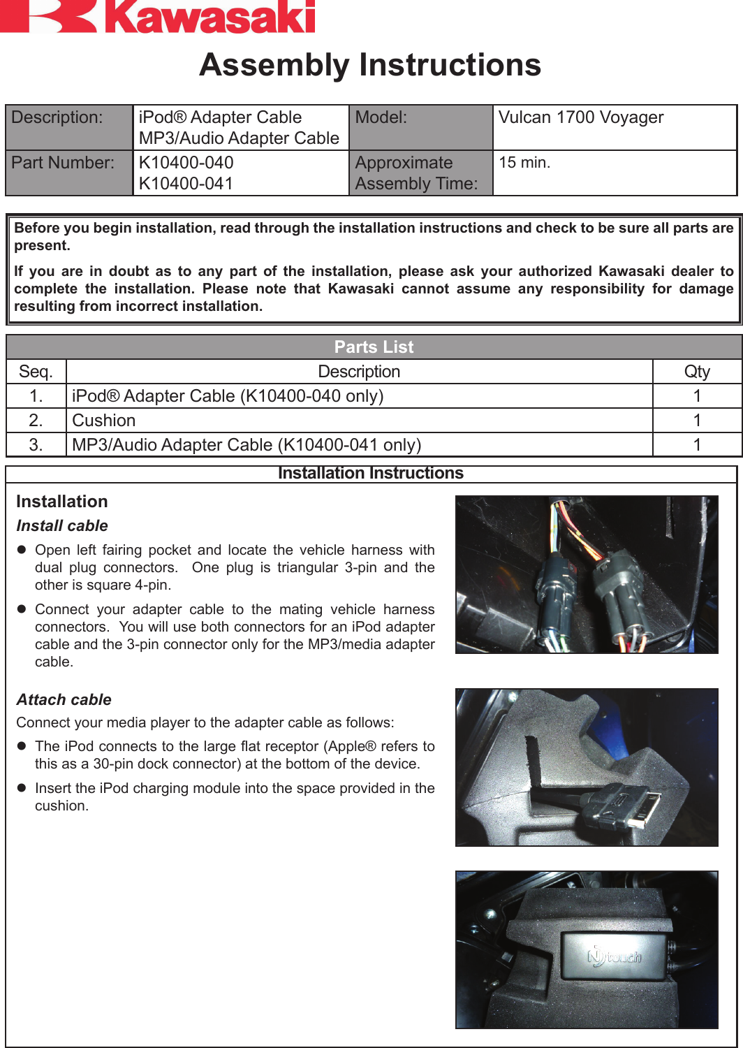 Page 1 of 4 - Kawasaki Kawasaki-K10400-040-Users-Manual- Ii_K10400040  Kawasaki-k10400-040-users-manual