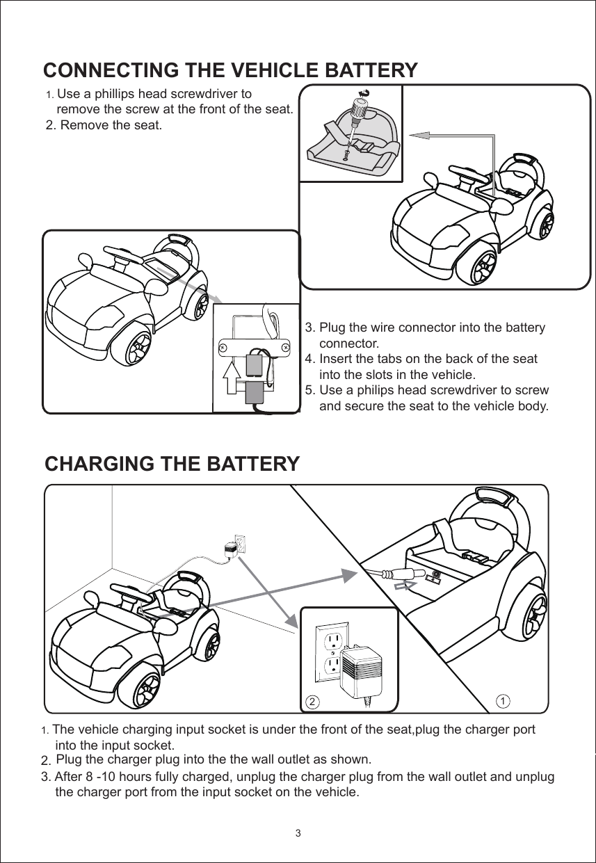 3CONNECTING THE VEHICLE BATTERY1. Use a phillips head screwdriver to    remove the screw at the front of the seat.2. Remove the seat.3. Plug the wire connector into the battery     connector. 4. Insert the tabs on the back of the seat     into the slots in the vehicle.5. Use a philips head screwdriver to screw    and secure the seat to the vehicle body. CHARGING THE BATTERY1. The vehicle charging input socket is under the front of the seat,plug the charger port     into the input socket.2. 3. After 8 -10 hours fully charged, unplug the charger plug from the wall outlet and unplug    the charger port from the input socket on the vehicle.     12Plug the charger plug into the the wall outlet as shown.   