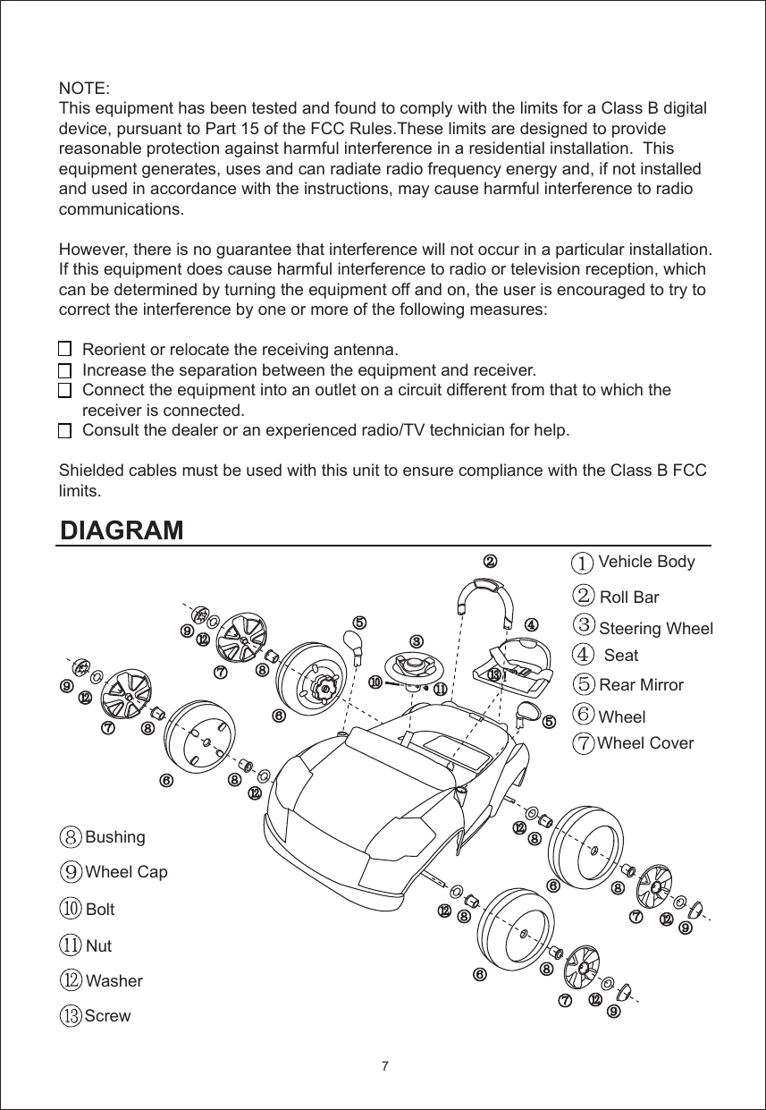 DIAGRAMVehicle BodyRoll BarSteering WheelSeatRear MirrorWheelWheel CoverBushingWheel CapBoltNutWasherScrewNOTE:  This equipment has been tested and found to comply with the limits for a Class B digital device, pursuant to Part 15 of the FCC Rules.These limits are designed to provide reasonable protection against harmful interference in a residential installation.  This equipment generates, uses and can radiate radio frequency energy and, if not installed and used in accordance with the instructions, may cause harmful interference to radio communications.    However, there is no guarantee that interference will not occur in a particular installation.  If this equipment does cause harmful interference to radio or television reception, which can be determined by turning the equipment off and on, the user is encouraged to try to correct the interference by one or more of the following measures:     Reorient or relocate the receiving antenna.     Increase the separation between the equipment and receiver.     Connect the equipment into an outlet on a circuit different from that to which the      receiver is connected.     Consult the dealer or an experienced radio/TV technician for help.Shielded cables must be used with this unit to ensure compliance with the Class B FCC limits.7