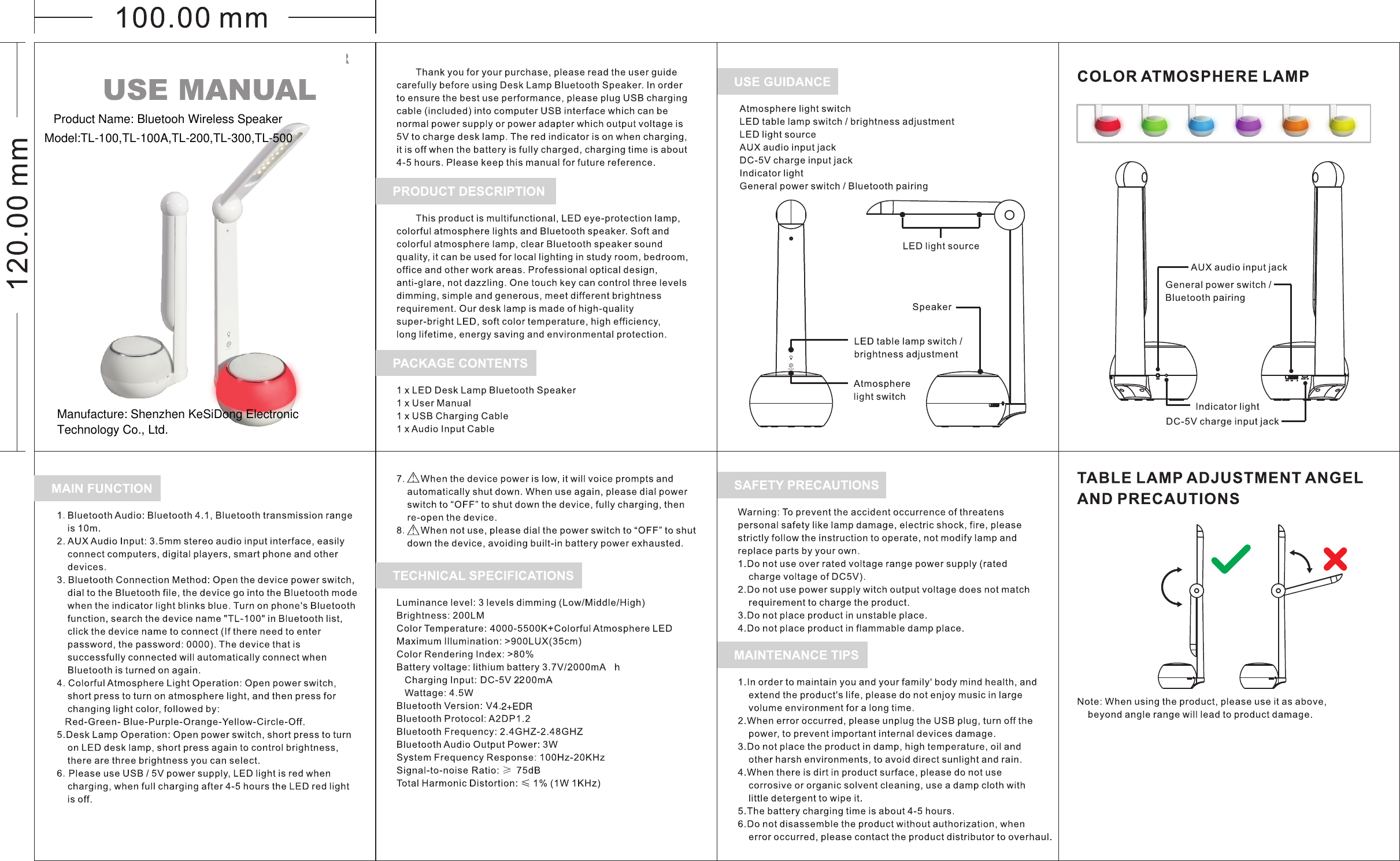 Product Name: Bluetooh Wireless SpeakerModel:TL-100,TL-100A,TL-200,TL-300,TL-500Manufacture: Shenzhen KeSiDong Electronic Technology Co., Ltd.22+EDR