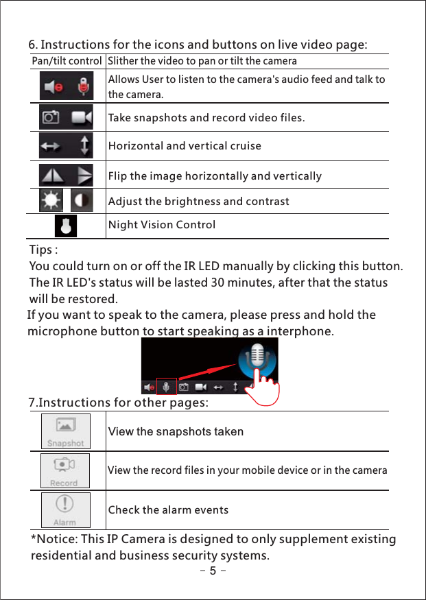 6. Instructions for the icons and buttons on live video page:*Notice: This IP Camera is designed to only supplement existingresidential and business security systems.57.Instructions for other pages:View the record files in your mobile device or in the cameraCheck the alarm eventsView the snapshots takenSlither the video to pan or tilt the cameraAllows User to listen to the camera&apos;s audio feed and talk tothe camera.Pan/tilt controlTake snapshots and record video files.Horizontal and vertical cruiseFlip the image horizontally and verticallyAdjust the brightness and contrastNight Vision ControlIf you want to speak to the camera, please press and hold themicrophone button to start speaking as a interphone.Tips :You could turn on or off the IR LED manually by clicking this button.The IR LED&apos;s status will be lasted 30 minutes, after that the statuswill be restored.