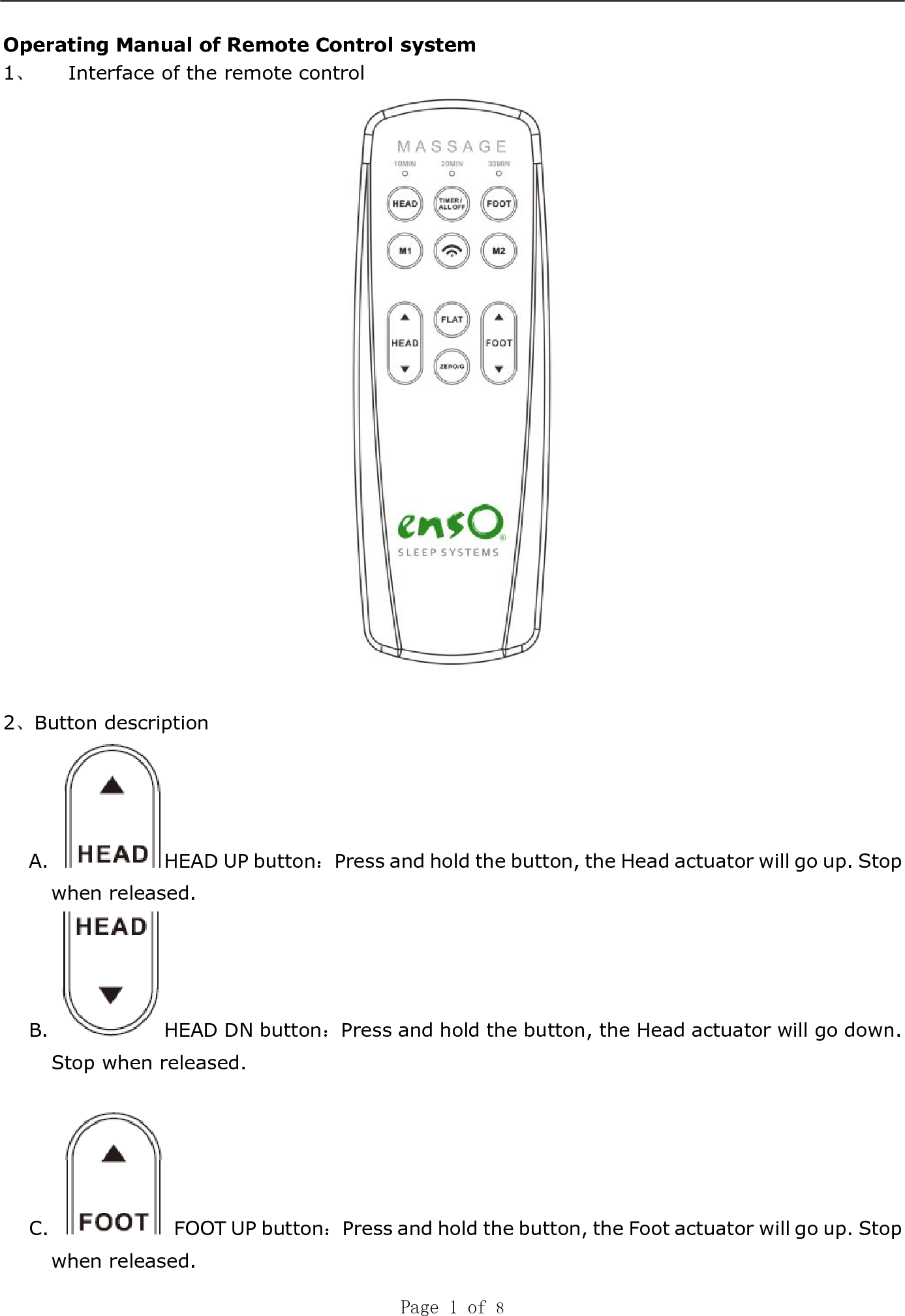   Page 1 of 8   Operating Manual of Remote Control system 1、 Interface of the remote control   2、Button description   A.  HEAD UP button：Press and hold the button, the Head actuator will go up. Stop when released. B.  HEAD DN button：Press and hold the button, the Head actuator will go down. Stop when released.  C.    FOOT UP button：Press and hold the button, the Foot actuator will go up. Stop when released. 