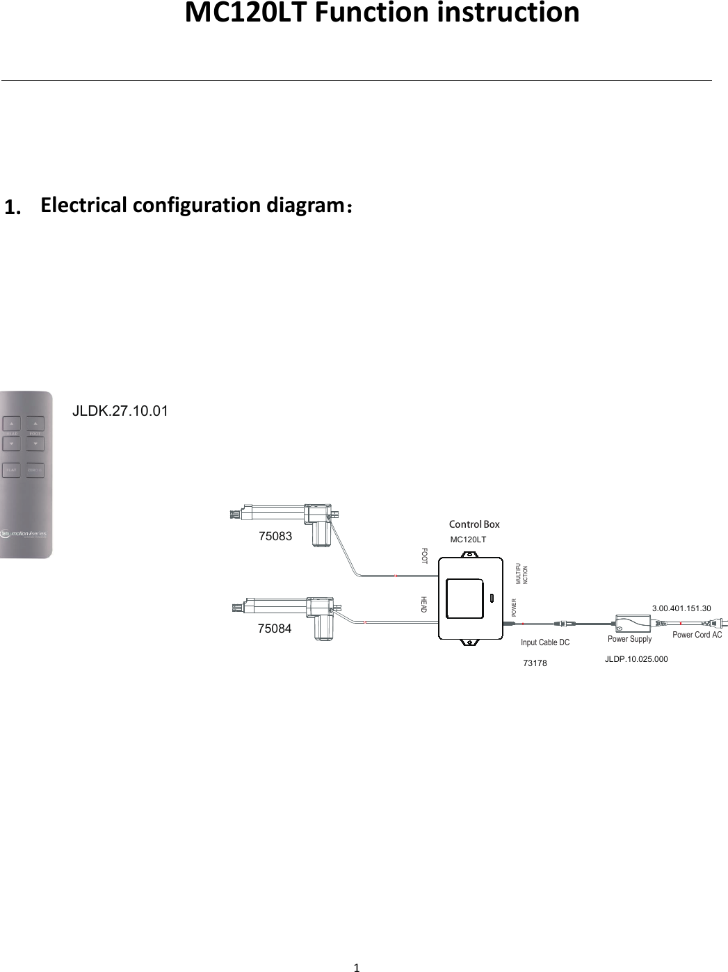 1MC120LT Functioninstruction1. Electricalconfigurationdiagram：Input Cable DC Power Cord ACHEADFOOTPOWER MULTIFUNCTIONPower SupplyControl Box 3.00.401.151.30 JLDK.27.10.01JLDP.10.025.000  MC120LT731787508375084