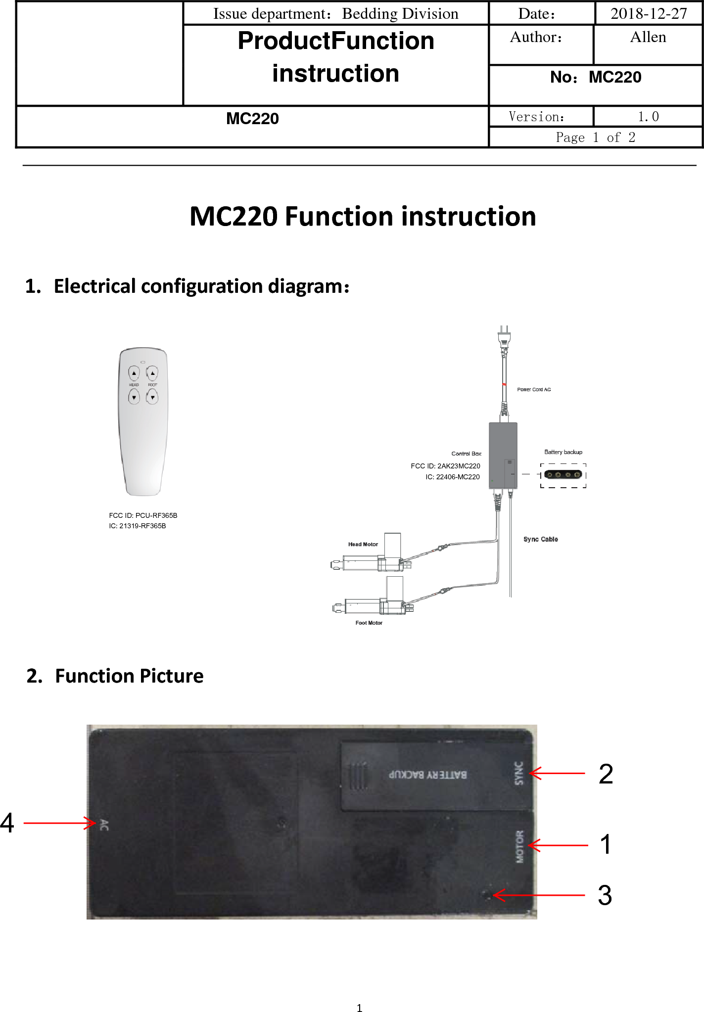 Keeson Technology MC220 CONTROL BOX User Manual MC220