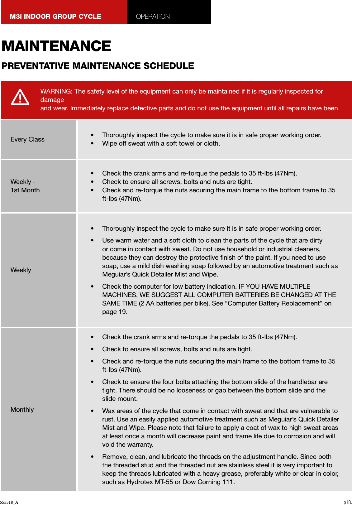 555518_A p18.M3i INDOOR GROUP CYCLE OPERATIONWARNING: The safety level of the equipment can only be maintained if it is regularly inspected for damage  and wear. Immediately replace defective parts and do not use the equipment until all repairs have been MAINTENANCEPREVENTATIVE MAINTENANCE SCHEDULEEvery ClassWeekly - 1st MonthWeeklyMonthly•  Thoroughly inspect the cycle to make sure it is in safe proper working order.•  Wipe off sweat with a soft towel or cloth.•  Check the crank arms and re-torque the pedals to 35 ft-lbs (47Nm).•  Check to ensure all screws, bolts and nuts are tight.•  Check and re-torque the nuts securing the main frame to the bottom frame to 35 ft-lbs (47Nm).•  Thoroughly inspect the cycle to make sure it is in safe proper working order.•  Use warm water and a soft cloth to clean the parts of the cycle that are dirty or come in contact with sweat. Do not use household or industrial cleaners, because they can destroy the protective nish of the paint. If you need to use soap, use a mild dish washing soap followed by an automotive treatment such as Meguiar’s Quick Detailer Mist and Wipe.•  Check the computer for low battery indication. IF YOU HAVE MULTIPLE MACHINES, WE SUGGEST ALL COMPUTER BATTERIES BE CHANGED AT THE SAME TIME (2 AA batteries per bike). See “Computer Battery Replacement” on page 19.•  Check the crank arms and re-torque the pedals to 35 ft-lbs (47Nm).•  Check to ensure all screws, bolts and nuts are tight.•  Check and re-torque the nuts securing the main frame to the bottom frame to 35 ft-lbs (47Nm).•  Check to ensure the four bolts attaching the bottom slide of the handlebar are tight. There should be no looseness or gap between the bottom slide and the slide mount.•  Wax areas of the cycle that come in contact with sweat and that are vulnerable to rust. Use an easily applied automotive treatment such as Meguiar’s Quick Detailer Mist and Wipe. Please note that failure to apply a coat of wax to high sweat areas at least once a month will decrease paint and frame life due to corrosion and will void the warranty.•  Remove, clean, and lubricate the threads on the adjustment handle. Since both the threaded stud and the threaded nut are stainless steel it is very important to keep the threads lubricated with a heavy grease, preferably white or clear in color, such as Hydrotex MT-55 or Dow Corning 111.