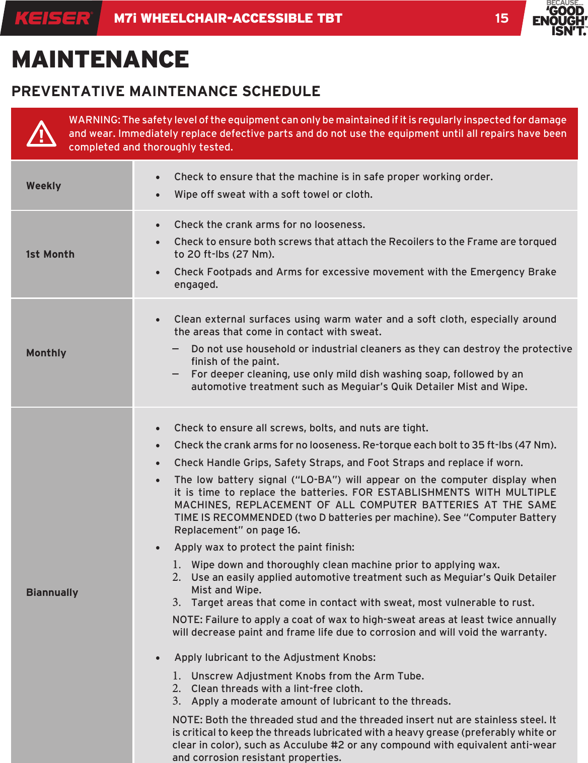 M7i WHEELCHAIR-ACCESSIBLE TBT 15WARNING: The safety level of the equipment can only be maintained if it is regularly inspected for damage  and wear. Immediately replace defective parts and do not use the equipment until all repairs have been completed and thoroughly tested.MAINTENANCEPREVENTATIVE MAINTENANCE SCHEDULEWeekly1st MonthMonthlyBiannually•  Check to ensure that the machine is in safe proper working order.•  Wipe off sweat with a soft towel or cloth.•  Clean external surfaces using warm water and a soft cloth, especially around the areas that come in contact with sweat. –Do not use household or industrial cleaners as they can destroy the protective nish of the paint.  –For deeper cleaning, use only mild dish washing soap, followed by an automotive treatment such as Meguiar’s Quik Detailer Mist and Wipe.•  Check to ensure all screws, bolts, and nuts are tight.•  Check the crank arms for no looseness. Re-torque each bolt to 35 ft-lbs (47 Nm).•  Check Handle Grips, Safety Straps, and Foot Straps and replace if worn.•  The low battery signal (“LO-BA”) will appear on the computer display when it is time to replace the batteries. FOR ESTABLISHMENTS WITH MULTIPLE MACHINES, REPLACEMENT OF ALL COMPUTER BATTERIES AT THE SAME TIME IS RECOMMENDED (two D batteries per machine). See “Computer Battery Replacement” on page 16.•  Apply wax to protect the paint nish:1.  Wipe down and thoroughly clean machine prior to applying wax. 2.  Use an easily applied automotive treatment such as Meguiar’s Quik Detailer Mist and Wipe.3.  Target areas that come in contact with sweat, most vulnerable to rust. NOTE: Failure to apply a coat of wax to high-sweat areas at least twice annually will decrease paint and frame life due to corrosion and will void the warranty. •  Apply lubricant to the Adjustment Knobs:1.  Unscrew Adjustment Knobs from the Arm Tube.2.  Clean threads with a lint-free cloth.3.  Apply a moderate amount of lubricant to the threads. NOTE: Both the threaded stud and the threaded insert nut are stainless steel. It is critical to keep the threads lubricated with a heavy grease (preferably white or clear in color), such as Acculube #2 or any compound with equivalent anti-wear and corrosion resistant properties.•  Check the crank arms for no looseness. •  Check to ensure both screws that attach the Recoilers to the Frame are torqued to 20 ft-lbs (27 Nm).•  Check Footpads and Arms for excessive movement with the Emergency Brake engaged.