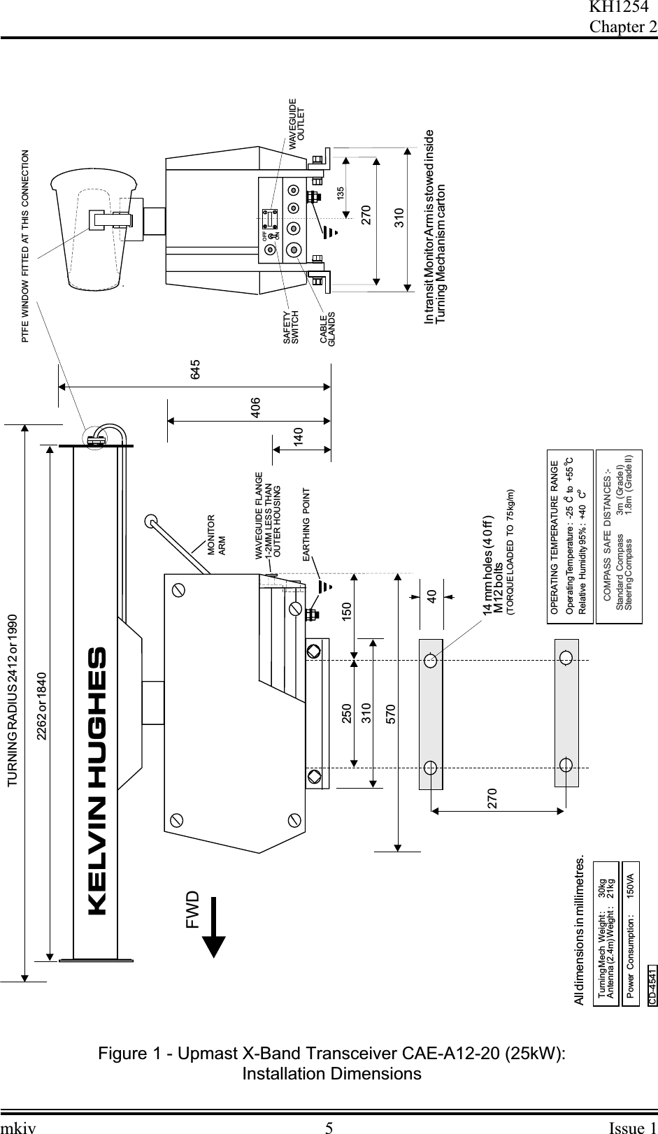 mkiv 5 Issue 1KH1254Chapter 2All dimensions in millimetres.Turning Mech Weight : 30kgAntenna (2.4m) Weight : 21kgoooPower Consumption : 150VAOperating Temperature: -25 C to +55 CRelative Humidity 95% : +40 COPERATING TEMPERATURE RANGECOMPASS SAFE DISTANCES :-Standard Compass 3m (Grade I)Steering Compass 1.8m (Grade II)KELVIN HUGHESOFFONFWDARMIn transit MonitorArm is stowed insideTurning Mechanism cartonPTFE WINDOW FITTED AT THIS CONNECTIONEARTHING POINT(TORQUE LOADED TO 75 kg/m)CABLEGLANDSWAVEGUIDEOUTLETSAFETYSWITCHOUTER HOUSING14 mm holes (4 0 ff )MONITORM12 bolts1-2MM LESS THANWAVEGUIDE FLANGE40TURNING RADIUS 2412 or 19902262 or 1840645406140250570310150270270310135CD-4541Figure 1 - Upmast X-Band Transceiver CAE-A12-20 (25kW):Installation Dimensions