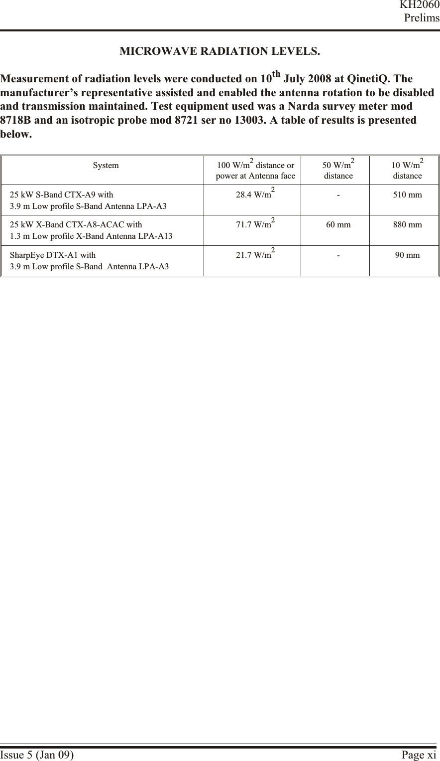 MI CRO WAVE  RA DI A TION LEV ELS.Measurement of radiation levels were conducted on 10th July 2008 at QinetiQ. Themanufacturer’s representative assisted and enabled the antenna rotation to be disabledand transmission maintained. Test equipment used was a Narda survey meter mod8718B and an isotropic probe mod 8721 ser no 13003. A table of results is presentedbelow.System 100 W/m2 distance orpower at Antenna face50 W/m2distance10 W/m2distance25 kW S-Band CTX-A9 with3.9 m Low profile S-Band Antenna LPA-A328.4 W/m2- 510 mm25 kW X-Band CTX-A8-ACAC with1.3 m Low profile X-Band Antenna LPA-A1371.7 W/m260 mm 880 mmSharpEye DTX-A1 with3.9 m Low profile S-Band  Antenna LPA-A321.7 W/m2- 90 mmIssue 5 (Jan 09) Page xiKH2060Prelims