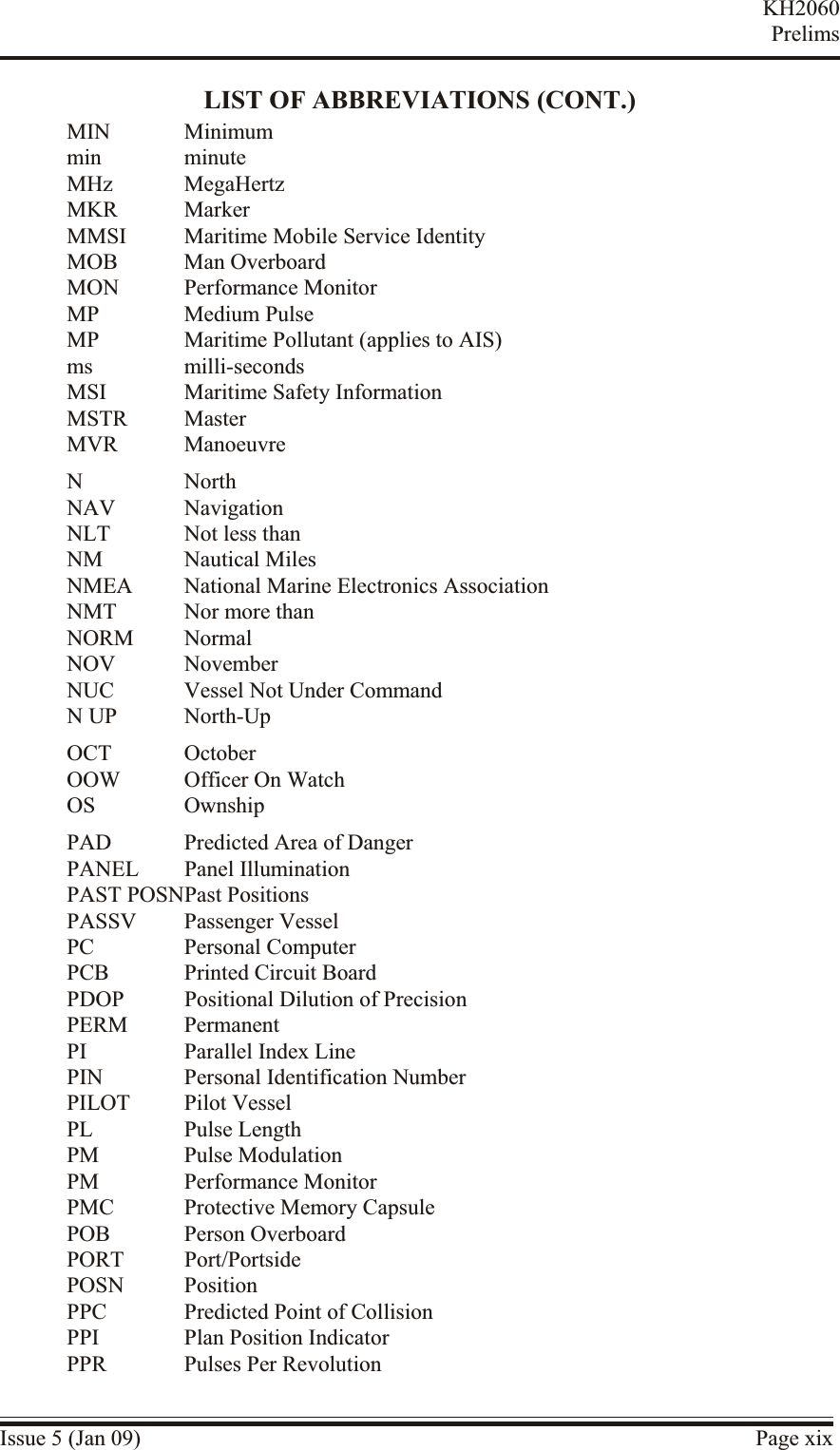 LIST OF ABBREVIATIONS (CONT.)MIN Minimummin minuteMHz MegaHertzMKR MarkerMMSI Maritime Mobile Service IdentityMOB Man OverboardMON Performance MonitorMP Medium PulseMP Maritime Pollutant (applies to AIS)ms milli-secondsMSI Maritime Safety InformationMSTR MasterMVR ManoeuvreN NorthNAV NavigationNLT Not less thanNM Nautical MilesNMEA National Marine Electronics AssociationNMT Nor more thanNORM NormalNOV NovemberNUC Vessel Not Under CommandN UP North-UpOCT OctoberOOW Officer On WatchOS OwnshipPAD Predicted Area of DangerPANEL Panel IlluminationPAST POSNPast PositionsPASSV Passenger VesselPC Personal ComputerPCB Printed Circuit BoardPDOP Positional Dilution of PrecisionPERM PermanentPI Parallel Index LinePIN Personal Identification NumberPILOT Pilot VesselPL Pulse LengthPM Pulse ModulationPM Performance MonitorPMC Protective Memory CapsulePOB Person OverboardPORT Port/PortsidePOSN PositionPPC Predicted Point of CollisionPPI Plan Position IndicatorPPR Pulses Per RevolutionIssue 5 (Jan 09) Page xixKH2060Prelims