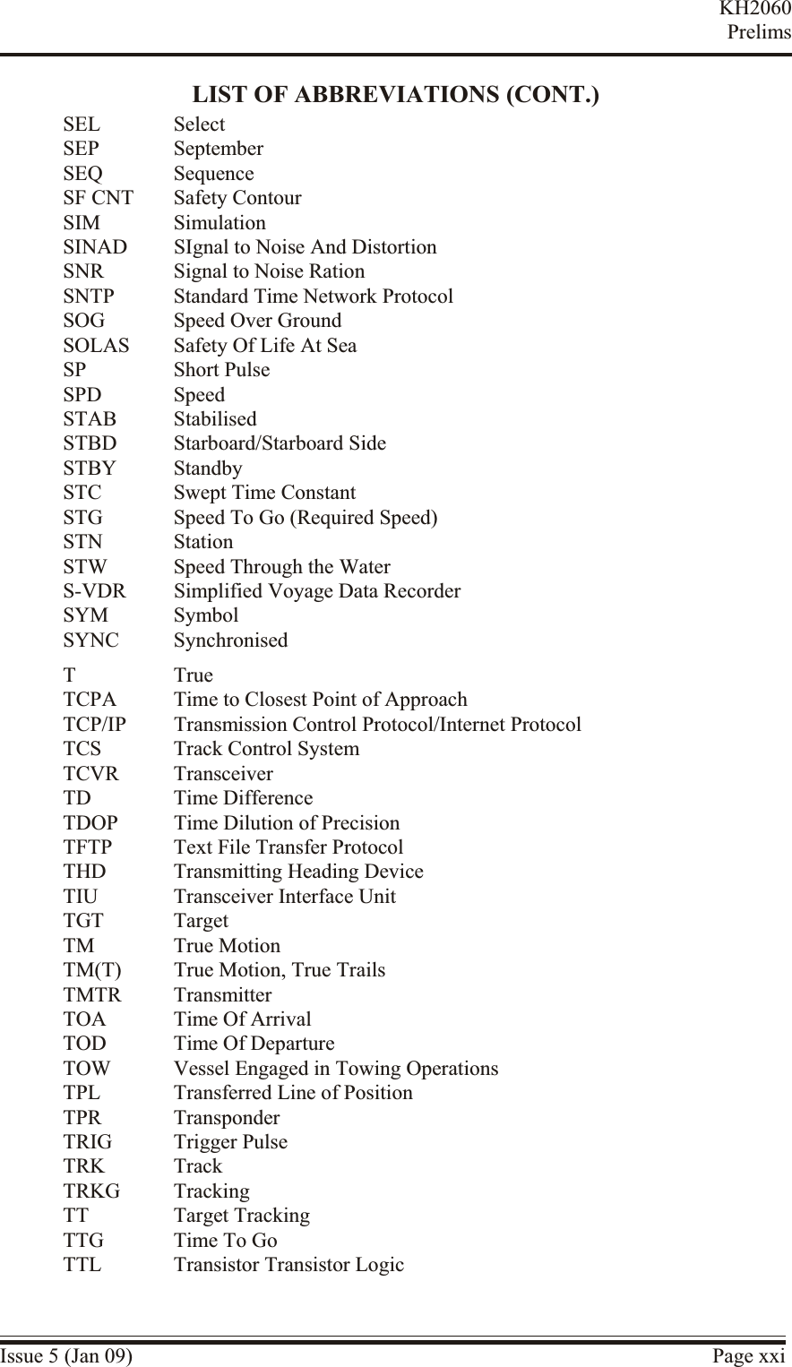 LIST OF ABBREVIATIONS (CONT.)SEL SelectSEP SeptemberSEQ SequenceSF CNT Safety ContourSIM SimulationSINAD SIgnal to Noise And DistortionSNR Signal to Noise RationSNTP Standard Time Network ProtocolSOG Speed Over GroundSOLAS Safety Of Life At SeaSP Short PulseSPD SpeedSTAB StabilisedSTBD Starboard/Starboard SideSTBY StandbySTC Swept Time ConstantSTG Speed To Go (Required Speed)STN StationSTW Speed Through the WaterS-VDR Simplified Voyage Data RecorderSYM SymbolSYNC SynchronisedT TrueTCPA Time to Closest Point of ApproachTCP/IP Transmission Control Protocol/Internet ProtocolTCS Track Control SystemTCVR TransceiverTD Time DifferenceTDOP Time Dilution of PrecisionTFTP Text File Transfer ProtocolTHD Transmitting Heading DeviceTIU Transceiver Interface UnitTGT TargetTM True MotionTM(T) True Motion, True TrailsTMTR TransmitterTOA Time Of ArrivalTOD Time Of DepartureTOW Vessel Engaged in Towing OperationsTPL Transferred Line of PositionTPR TransponderTRIG Trigger PulseTRK TrackTRKG TrackingTT Target TrackingTTG Time To GoTTL Transistor Transistor LogicIssue 5 (Jan 09) Page xxiKH2060Prelims