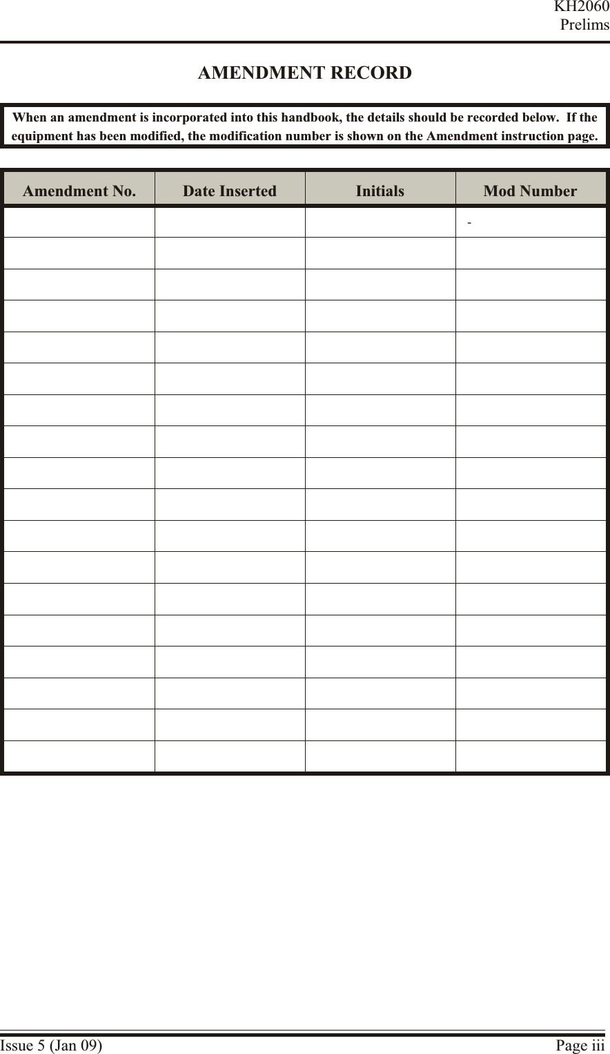 AMENDMENT RECORDWhen an amendment is incorporated into this handbook, the details should be recorded below.  If theequipment has been modified, the modification number is shown on the Amendment instruction page.Amendment No. Date Inserted Initials Mod Number-Issue 5 (Jan 09) Page iiiKH2060Prelims