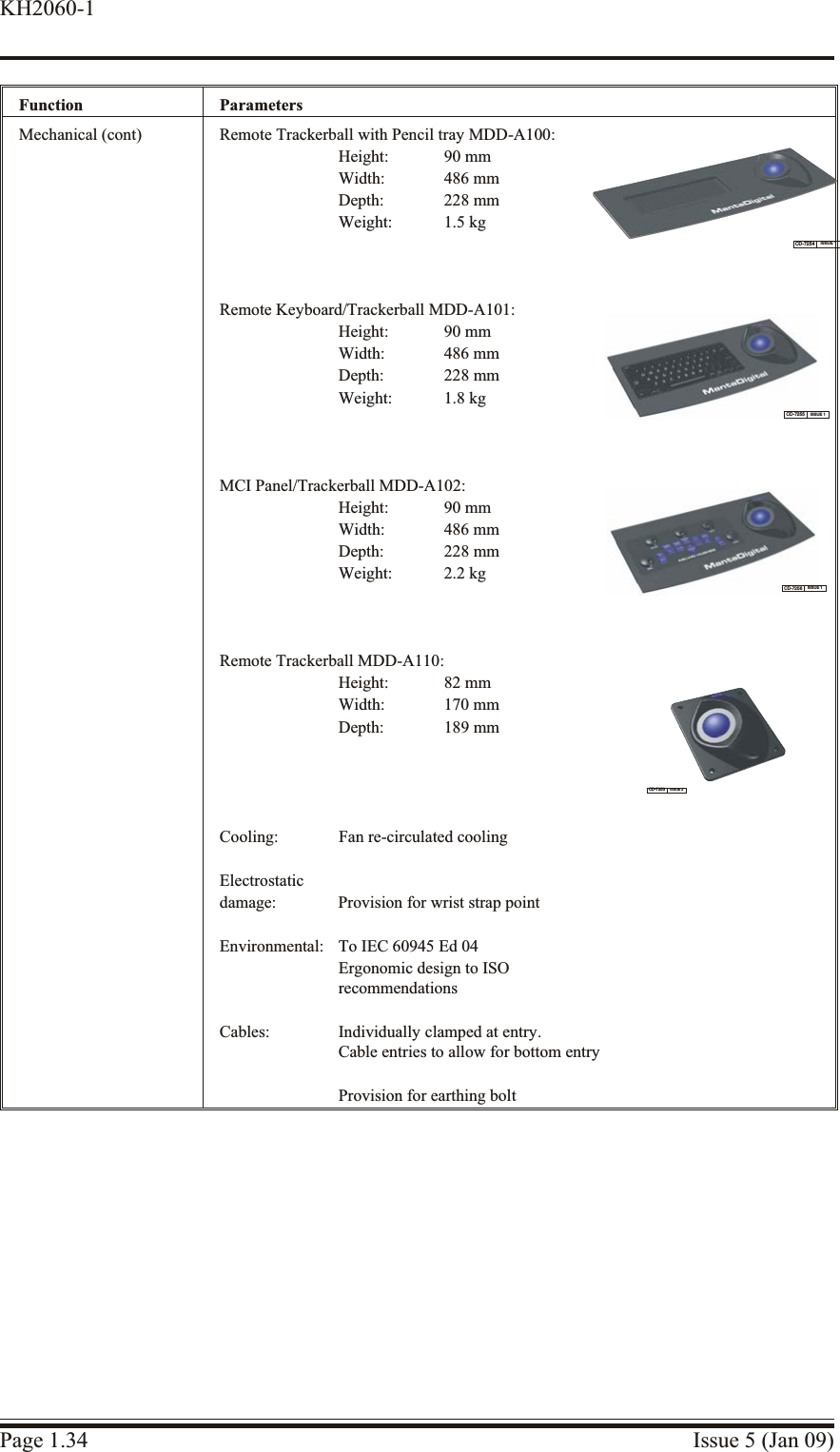 Function ParametersMechanical (cont) Remote Trackerball with Pencil tray MDD-A100:Height: 90 mmWidth: 486 mmDepth: 228 mmWeight: 1.5 kgRemote Keyboard/Trackerball MDD-A101:Height: 90 mmWidth: 486 mmDepth: 228 mmWeight: 1.8 kgMCI Panel/Trackerball MDD-A102:Height: 90 mmWidth: 486 mmDepth: 228 mmWeight: 2.2 kgRemote Trackerball MDD-A110:Height: 82 mmWidth: 170 mmDepth: 189 mmCooling: Fan re-circulated coolingElectrostaticdamage: Provision for wrist strap pointEnvironmental: To IEC 60945 Ed 04Ergonomic design to ISO recommendationsCables: Individually clamped at entry.Cable entries to allow for bottom entryProvision for earthing boltPage 1.34 Issue 5 (Jan 09)KH2060-1CD-7255 ISSUE 1CD-7256 ISSUE 1CD-7253 ISSUE 2CD-7254 ISSUE 1