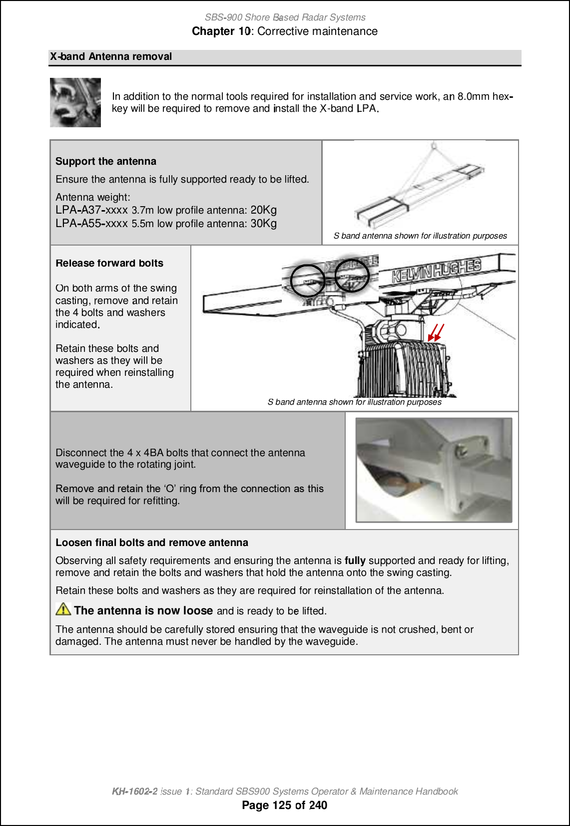 SBS-900 ShoreBaBasedRadar SystemsChapter1010:Corrective maintenanceKHKH-1602 2issue 1:Standard SBS900 Systems Operator &amp; Maintenance HandbookPage125of240X-bandAntennaremovalIn addition to the normal tools required forinstallation andservice work, an8.0mm hexkey will be required toremove andinstall theX-bandLPASupport the antennaEnsure the antenna is fully supported ready to be lifted.Antenna weight:LPAA37-xxxx 3.7m low profile antenna: 20KgLPAA55-xxxx 5.5m low profile antenna: 30KgS band antenna shown for illustrationpurposesRelease forward boltsOn both arms of the swingcasting,removeand retainthe 4 boltsand washersindicated.Retain these bolts andwashers as they will bewashers as they will berequired when reinstallingthe antenna.S band antenna shown for illustrationpurposesDisconnect the 4 x 4BA bolts that connect the antennawaveguide to the rotating joint.waveguide to the rotating joint.5 CK MTC?LBPCR?GLRFCe2 fPGLEDPMK RFCAMLLCARGML?QRFGQwill be required for refitting.will be required for refitting.Loosen final bolts andremove antennaObserving all safety requirementsandensuring theantenna isfullysupported and ready for lifting,remove and retain the bolts and washers that hold the antenna onto the swing casting.Retain these bolts and washers as they are requiredfor reinstallation of the antenna.The antenna is now looseand is ready to belifted.The antenna should be carefully stored ensuring that the waveguide is not crushed, bent ordamaged. The antenna must never be handled by the waveguide.