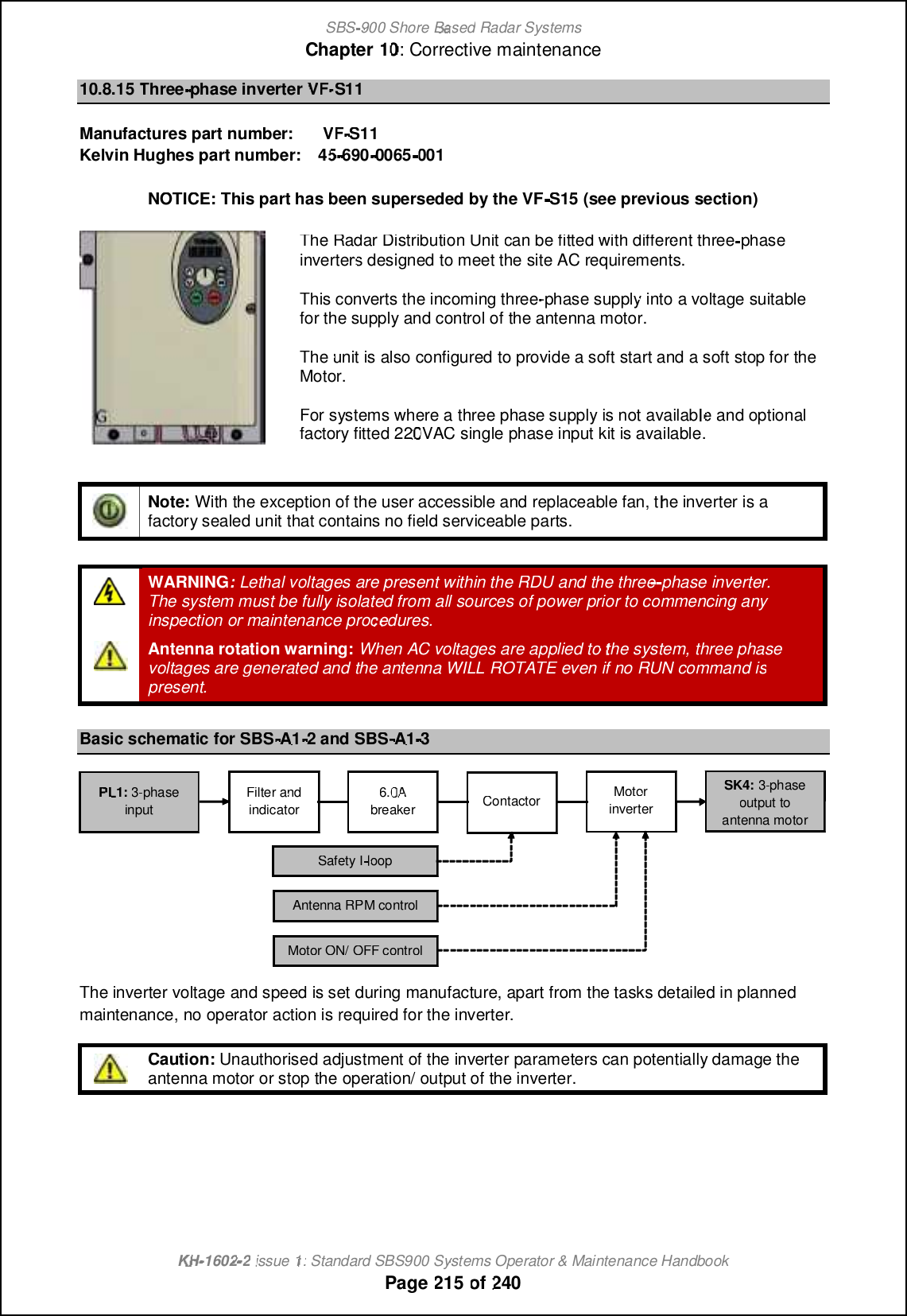 SBS-900 ShoreBaBasedRadar SystemsChapter1010:Corrective maintenanceKHKH-1602 2issue 1:Standard SBS900 Systems Operator &amp; Maintenance HandbookPage215of24010.8.15Three-phase inverterVFVF-S11Manufactures part number:VFVF-S11Kelvin Hughes part number:4545-690-0065001NOTICE: This part has beensuperseded by the VF-S15 (see previous section)TheRadar Distribution Unitcan be fitted with differentthreephaseinverters designed to meet the site AC requirements.This converts the incoming three-phase supply into a voltage suitablefor the supply and control of the antenna motor.The unit is also configuredtoprovide a soft start and a soft stop for theMotor.For systems where a three phase supply is not availableand optionalfactory fitted 220VACsingle phase input kit is available.Note:With the exception of the user accessible and replaceable fan, the inverter is afactory sealed unit that contains no field serviceable parts.WARNING:Lethal voltages are present within the RDU and the three-phase inverter.The system must be fully isolated from all sources of power prior to commencing anyinspection ormaintenance procedures.Antenna rotation warning:When AC voltages are applied tothe system, three phasevoltages are generated and the antenna WILL ROTATE even if no RUN command ispresent.Basic schematic for SBS-A1A1-2 and SBS-A1A1-3The inverter voltage and speed is set during manufacture, apart from the tasks detailed in plannedmaintenance, no operator action isrequired for the inverter.Caution:Unauthorised adjustment of the inverter parameters can potentially damage theantenna motor or stop the operation/ output of the inverter.PLPL1:3-phaseinputFilter andindicator6.0AbreakerContactorMotorinverterSafety IloopAntenna RPM controlMotor ON/ OFF controlSK4:3-phaseoutput toantenna motor