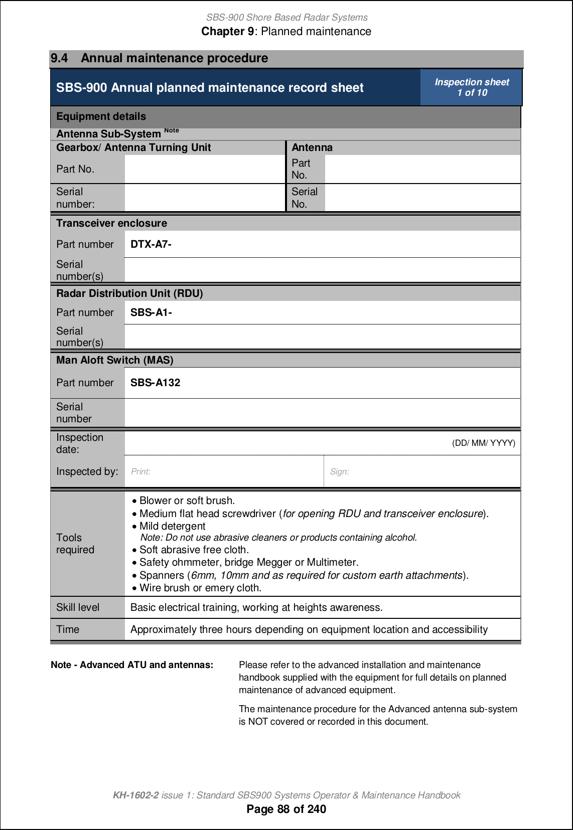 SBS-900 Shore Based Radar SystemsChapter 9: Planned maintenanceKH-1602-2 issue 1: Standard SBS900 Systems Operator &amp; Maintenance HandbookPage 88 of 2409.4 Annual maintenance procedureSBS-900 Annual planned maintenance record sheet Inspection sheet1 of 10Equipment detailsAntenna Sub-SystemNoteGearbox/ Antenna Turning Unit AntennaPart No. PartNo.Serialnumber: SerialNo.Transceiver enclosurePart number DTX-A7-Serialnumber(s)Radar Distribution Unit (RDU)Part number SBS-A1-Serialnumber(s)Man Aloft Switch (MAS)Part number SBS-A132SerialnumberInspectiondate:(DD/ MM/ YYYY)Inspected by: Print: Sign:Toolsrequired&apos;Blower or soft brush.&apos;Medium flat head screwdriver (for opening RDU and transceiver enclosure).&apos;Mild detergentNote: Do not use abrasive cleaners or products containing alcohol.&apos;Soft abrasive free cloth.&apos;Safety ohmmeter, bridge Megger or Multimeter.&apos;Spanners (6mm, 10mm and as required for custom earth attachments).&apos;Wire brush or emery cloth.Skill level Basic electrical training, working at heights awareness.Time Approximately three hours depending on equipment location and accessibilityNote - Advanced ATU and antennas: Please refer to the advanced installation and maintenancehandbook supplied with the equipment for full details on plannedmaintenance of advanced equipment.The maintenance procedure for the Advanced antenna sub-systemis NOT covered or recorded in this document.