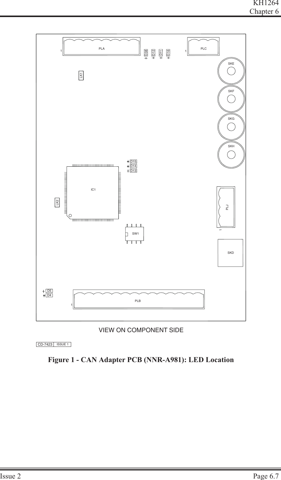 KH1264Chap ter  6Is sue  2 Page  6.7VIEW ON COMPONENT SIDEIC1D15D14D13LK2SW1PLB1D5D4D38D12D11D16PLA PLC1SKESKFSKGSKHPLJ1SKDLK11CD-7423 ISSUE 1Figure 1 - CAN Adapter PCB (NNR-A981): LED Location