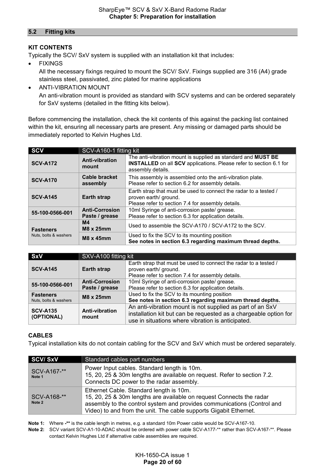 SharpEye™ SCV &amp; SxV X-Band Radome Radar Chapter 5: Preparation for installation  KH-1650-CA issue 1 Page 20 of 60 5.2  Fitting kits  KIT CONTENTS Typically the SCV/ SxV system is supplied with an installation kit that includes:   FIXINGS All the necessary fixings required to mount the SCV/ SxV. Fixings supplied are 316 (A4) grade stainless steel, passivated, zinc plated for marine applications   ANTI-VIBRATION MOUNT An anti-vibration mount is provided as standard with SCV systems and can be ordered separately for SxV systems (detailed in the fitting kits below).  Before commencing the installation, check the kit contents of this against the packing list contained within the kit, ensuring all necessary parts are present. Any missing or damaged parts should be immediately reported to Kelvin Hughes Ltd.  SCV SCV-A160-1 fitting kit SCV-A172 Anti-vibration mount The anti-vibration mount is supplied as standard and MUST BE INSTALLED on all SCV applications. Please refer to section 6.1 for assembly details. SCV-A170 Cable bracket assembly This assembly is assembled onto the anti-vibration plate.  Please refer to section 6.2 for assembly details. SCV-A145 Earth strap Earth strap that must be used to connect the radar to a tested / proven earth/ ground. Please refer to section 7.4 for assembly details. 55-100-0566-001 Anti-Corrosion Paste / grease 10ml Syringe of anti-corrosion paste/ grease. Please refer to section 6.3 for application details. Fasteners Nuts, bolts &amp; washers M4 M8 x 25mm Used to assemble the SCV-A170 / SCV-A172 to the SCV. M8 x 45mm Used to fix the SCV to its mounting position See notes in section 6.3 regarding maximum thread depths.    SxV SXV-A100 fitting kit SCV-A145 Earth strap Earth strap that must be used to connect the radar to a tested / proven earth/ ground. Please refer to section 7.4 for assembly details. 55-100-0566-001 Anti-Corrosion Paste / grease 10ml Syringe of anti-corrosion paste/ grease. Please refer to section 6.3 for application details. Fasteners Nuts, bolts &amp; washers M8 x 25mm Used to fix the SCV to its mounting position See notes in section 6.3 regarding maximum thread depths. SCV-A135 (OPTIONAL) Anti-vibration mount An anti-vibration mount is not supplied as part of an SxV installation kit but can be requested as a chargeable option for use in situations where vibration is anticipated.   CABLES Typical installation kits do not contain cabling for the SCV and SxV which must be ordered separately.   SCV/ SxV Standard cables part numbers SCV-A167-**  Note 1 Power Input cables. Standard length is 10m. 15, 20, 25 &amp; 30m lengths are available on request. Refer to section 7.2. Connects DC power to the radar assembly. SCV-A168-**  Note 2 Ethernet Cable. Standard length is 10m. 15, 20, 25 &amp; 30m lengths are available on request Connects the radar assembly to the control system and provides communications (Control and Video) to and from the unit. The cable supports Gigabit Ethernet.  Note 1:   Where -** is the cable length in metres, e.g. a standard 10m Power cable would be SCV-A167-10. Note 2:   SCV variant SCV-A1-10-ADAC should be ordered with power cable SCV-A177-** rather than SCV-A167-**. Please contact Kelvin Hughes Ltd if alternative cable assemblies are required. 